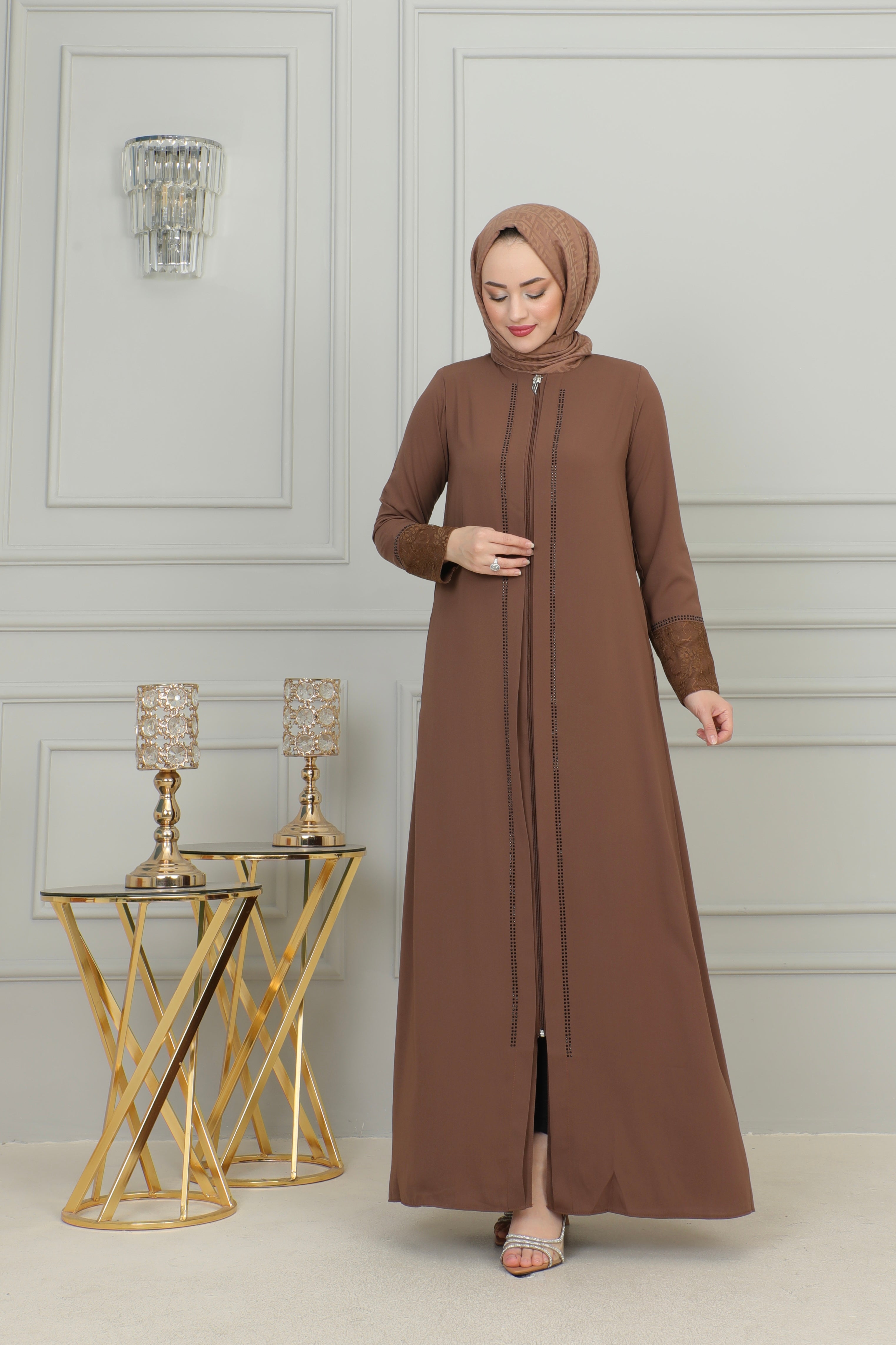 Brown Lace Cuff & Stone-Trim Zip Abaya – Turkish Modest Abaya