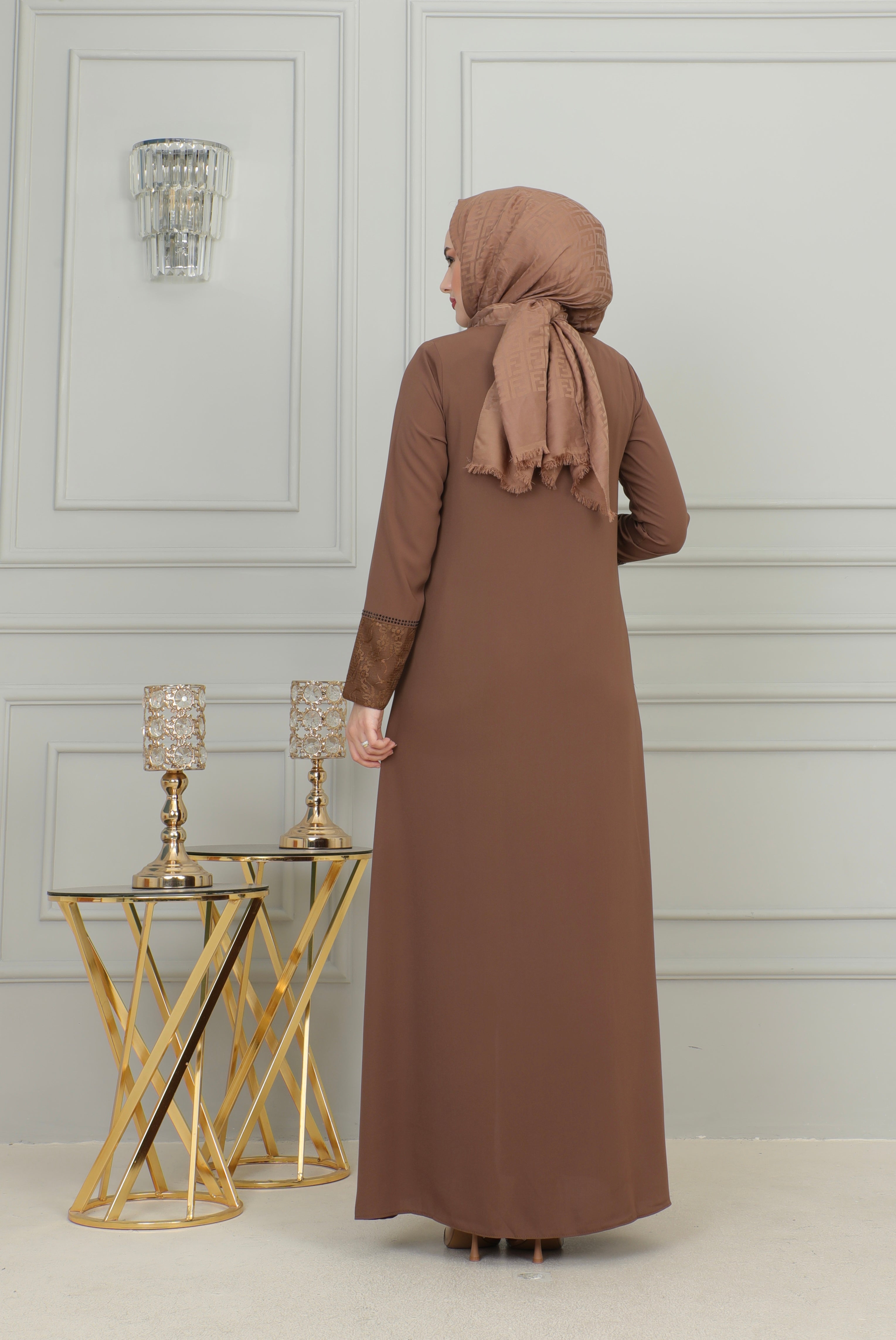 Brown Lace Cuff & Stone-Trim Zip Abaya – Turkish Modest Abaya