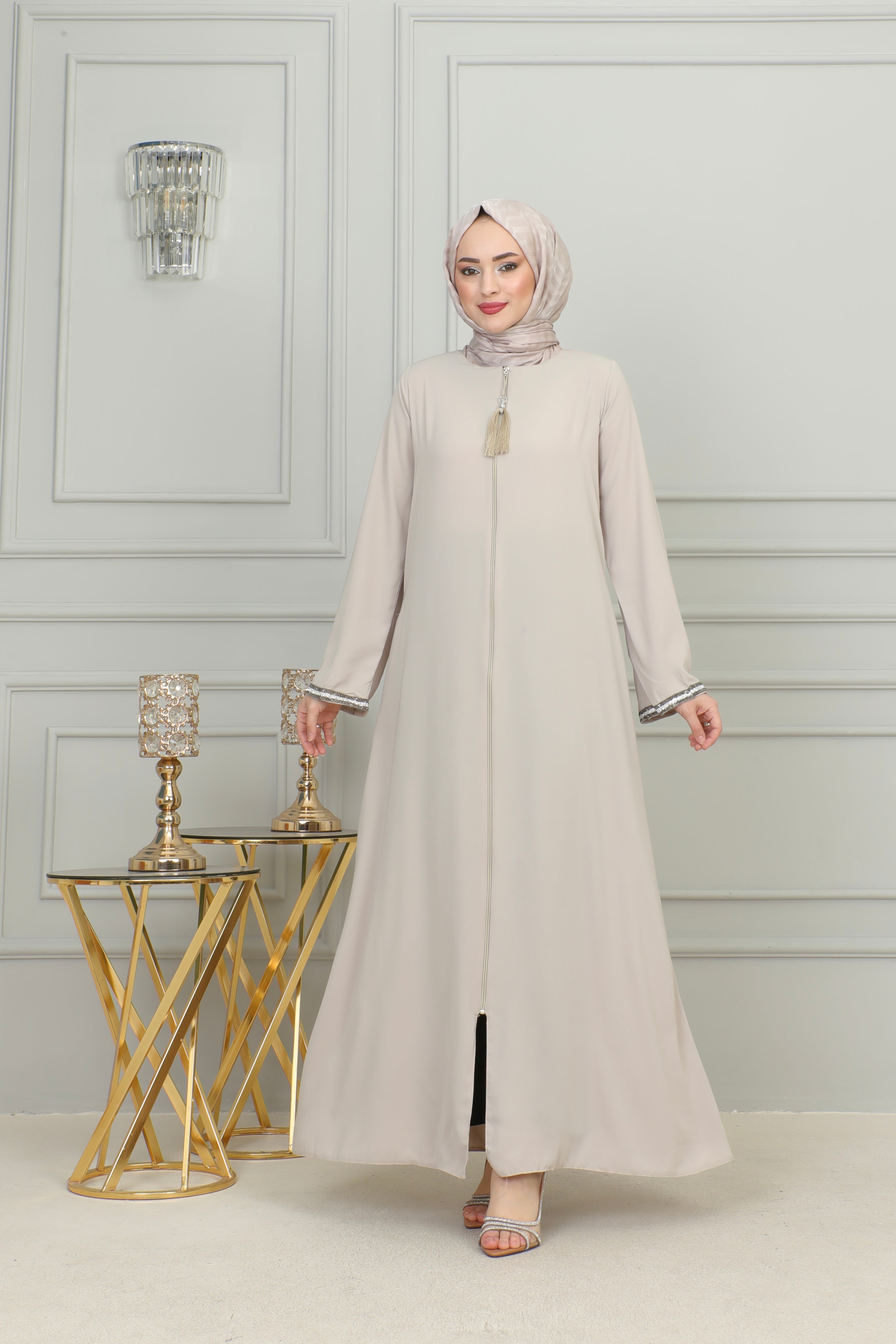Front Zippered Arms Stone Abaya Dress MUH-130
