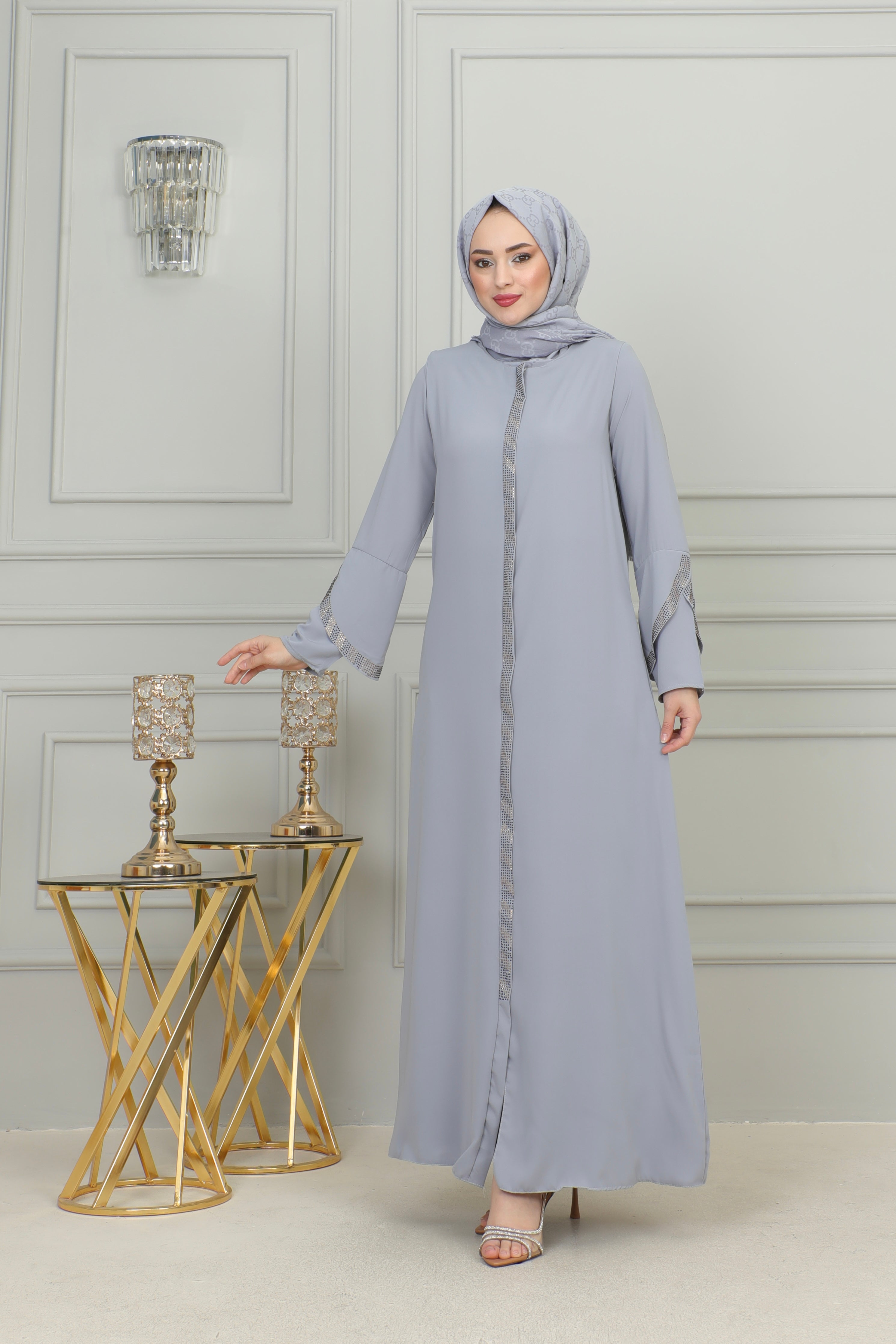 Strass Abaya Long Sleeve Open Quarry MUH-160