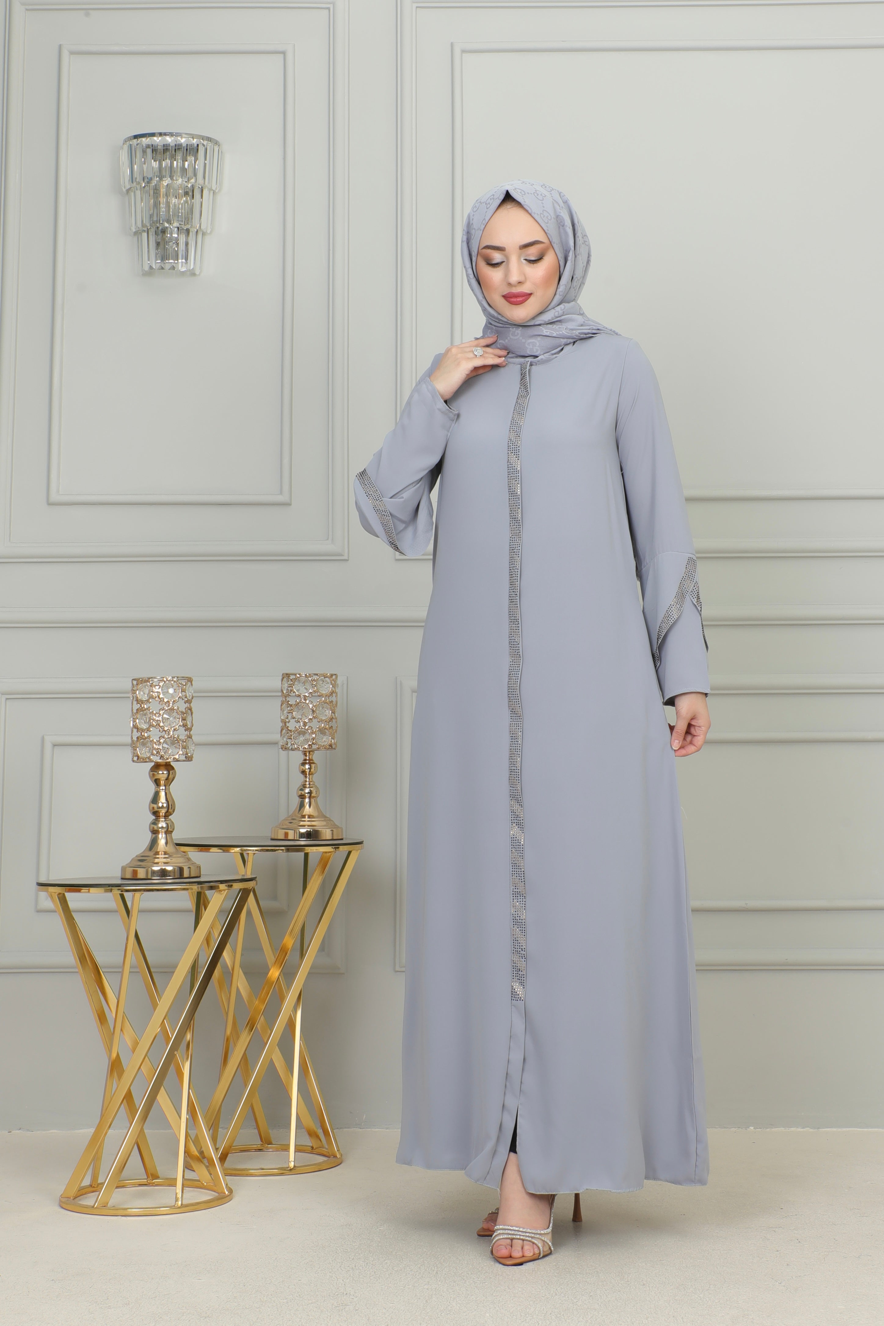 Strass Abaya Long Sleeve Open Quarry MUH-160