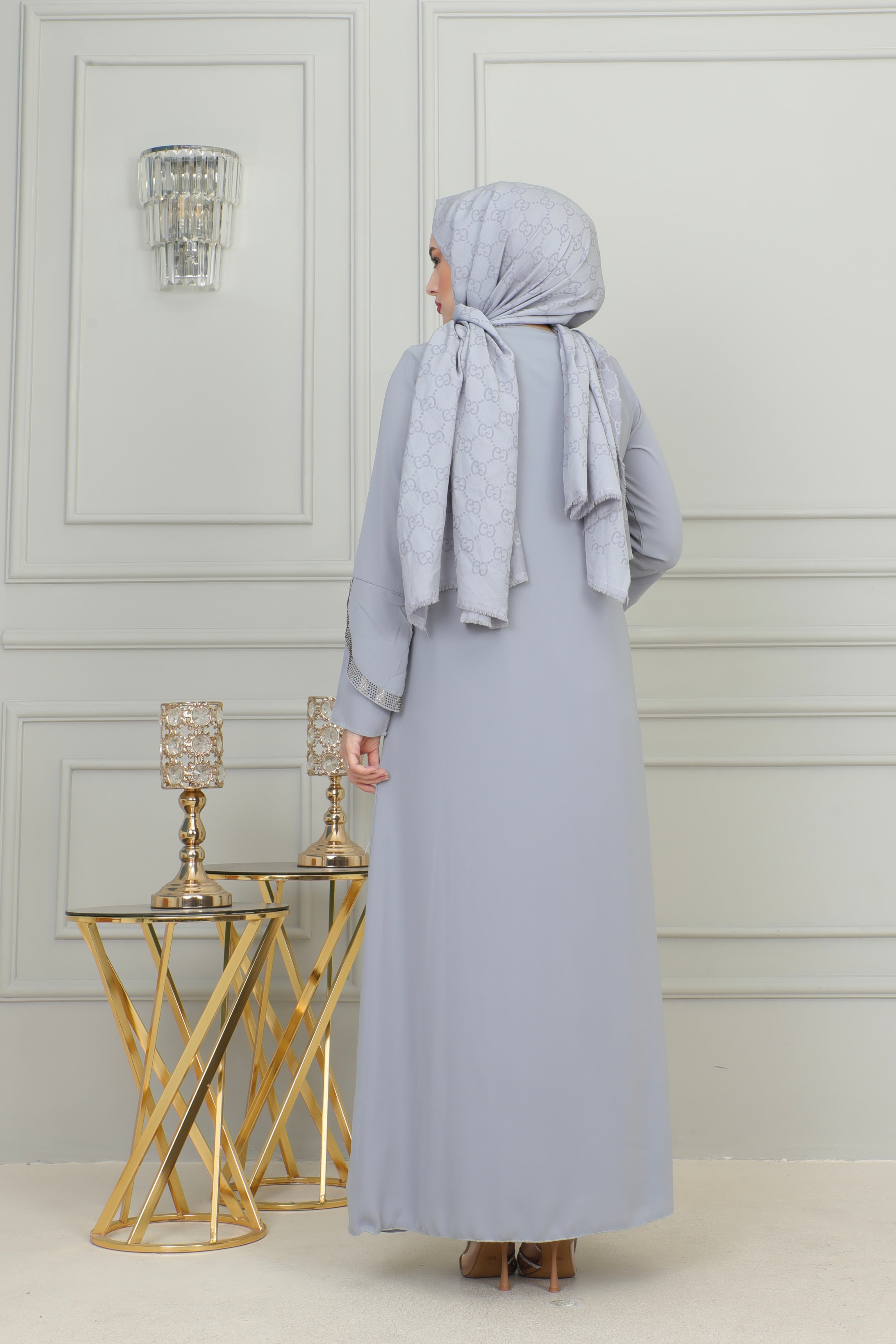 Strass Abaya Long Sleeve Open Quarry MUH-160