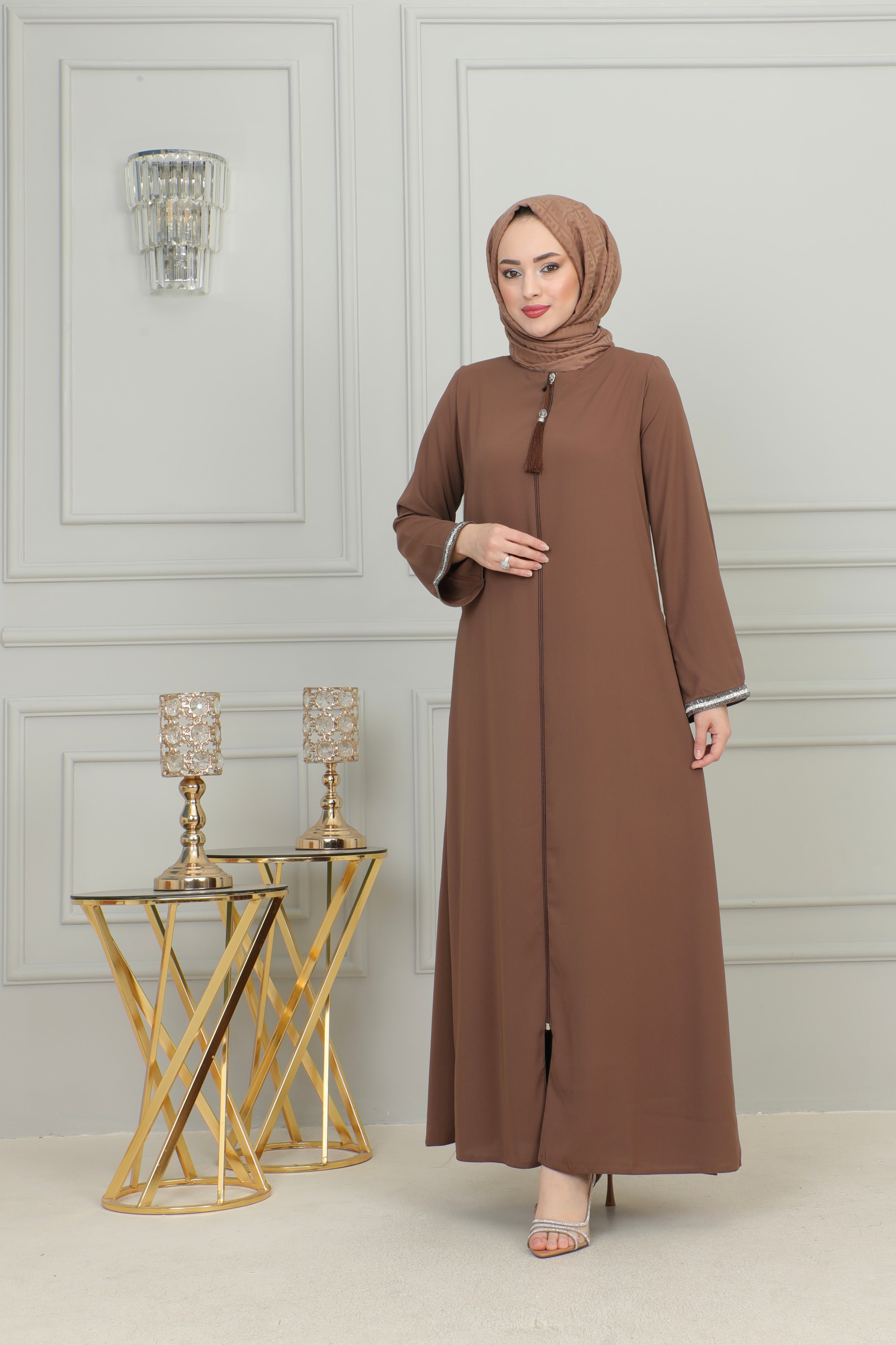 Front Zippered Arms Stone Abaya Dress MUH-130