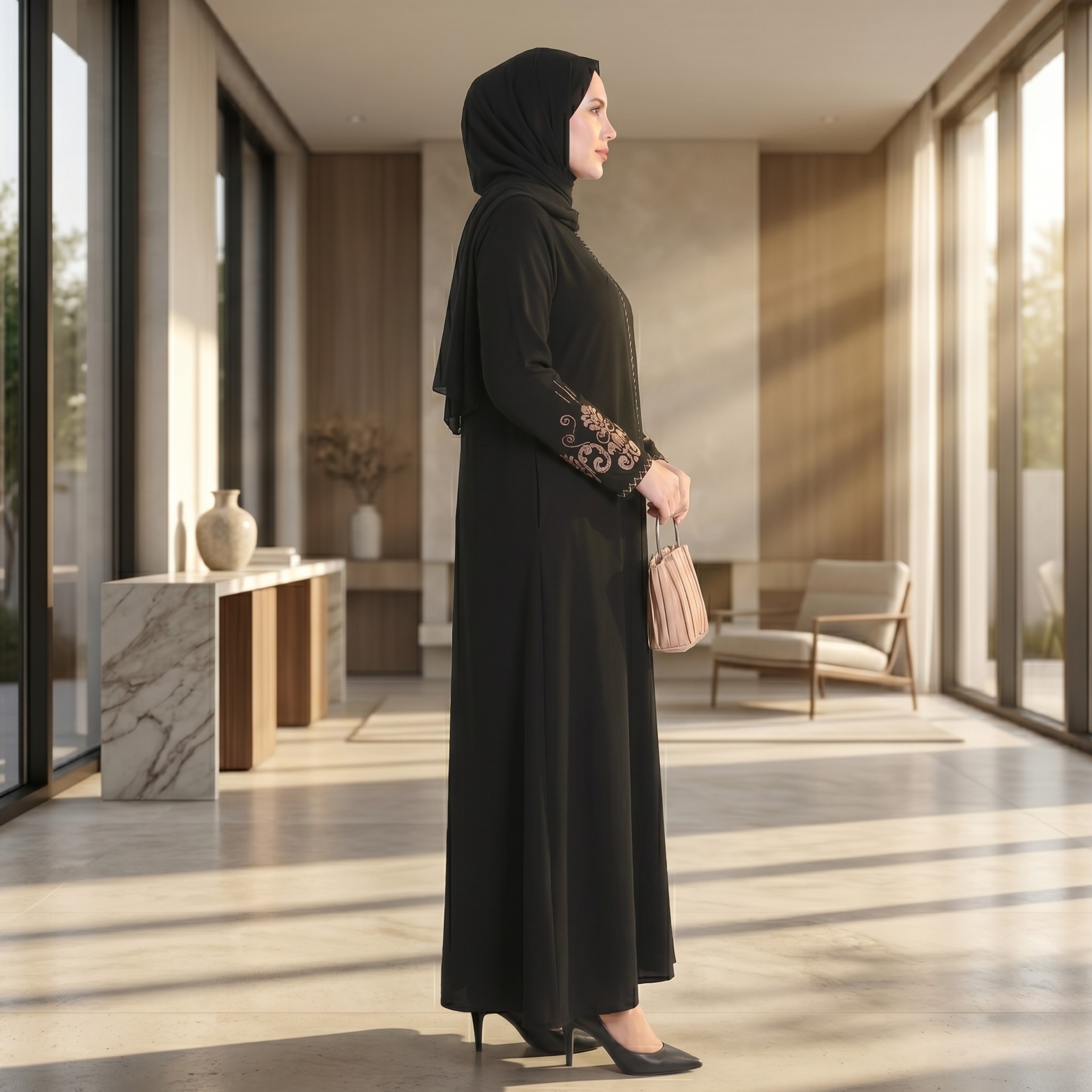 Side profile of black embroidered abaya showing floral cuff detail and loose modest drape