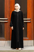 Black rhinestone-trim open abaya with bell sleeves, full-length front view