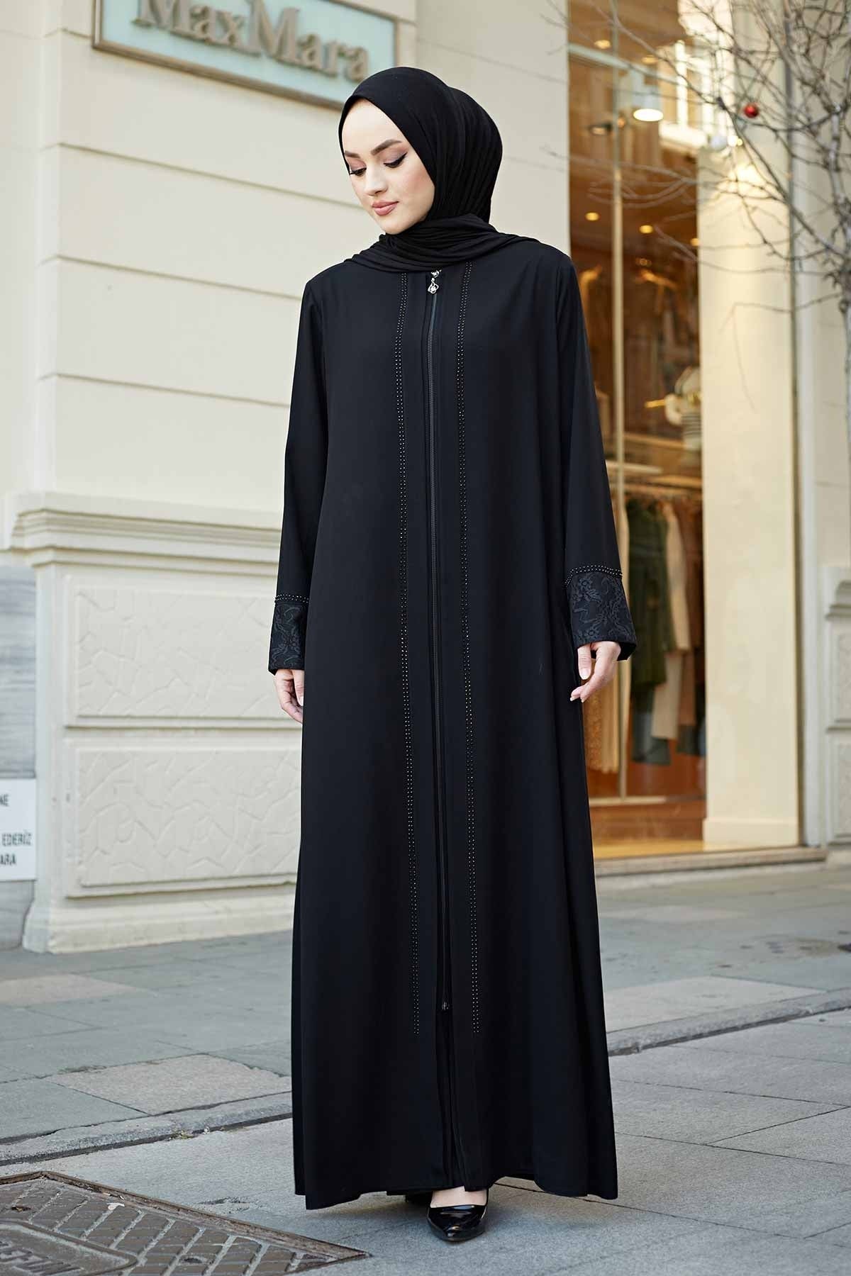 Black Lace Cuff & Stone-Trim Zip Abaya – Turkish Modest Abaya