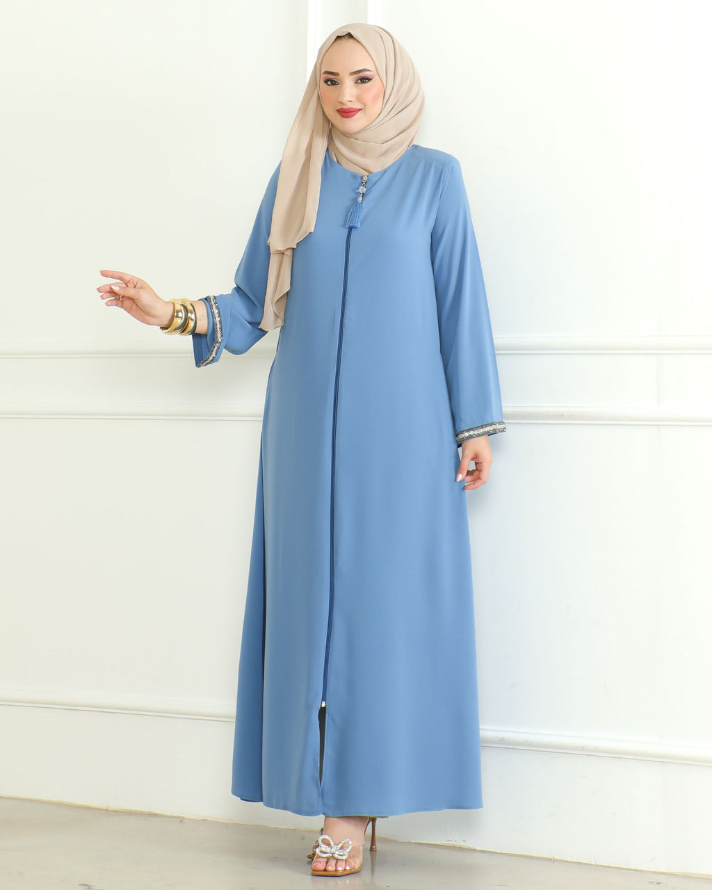 Blue Stone-Trimmed Sleeve Abaya with Front Zipper & Tassel – Turkish Abaya