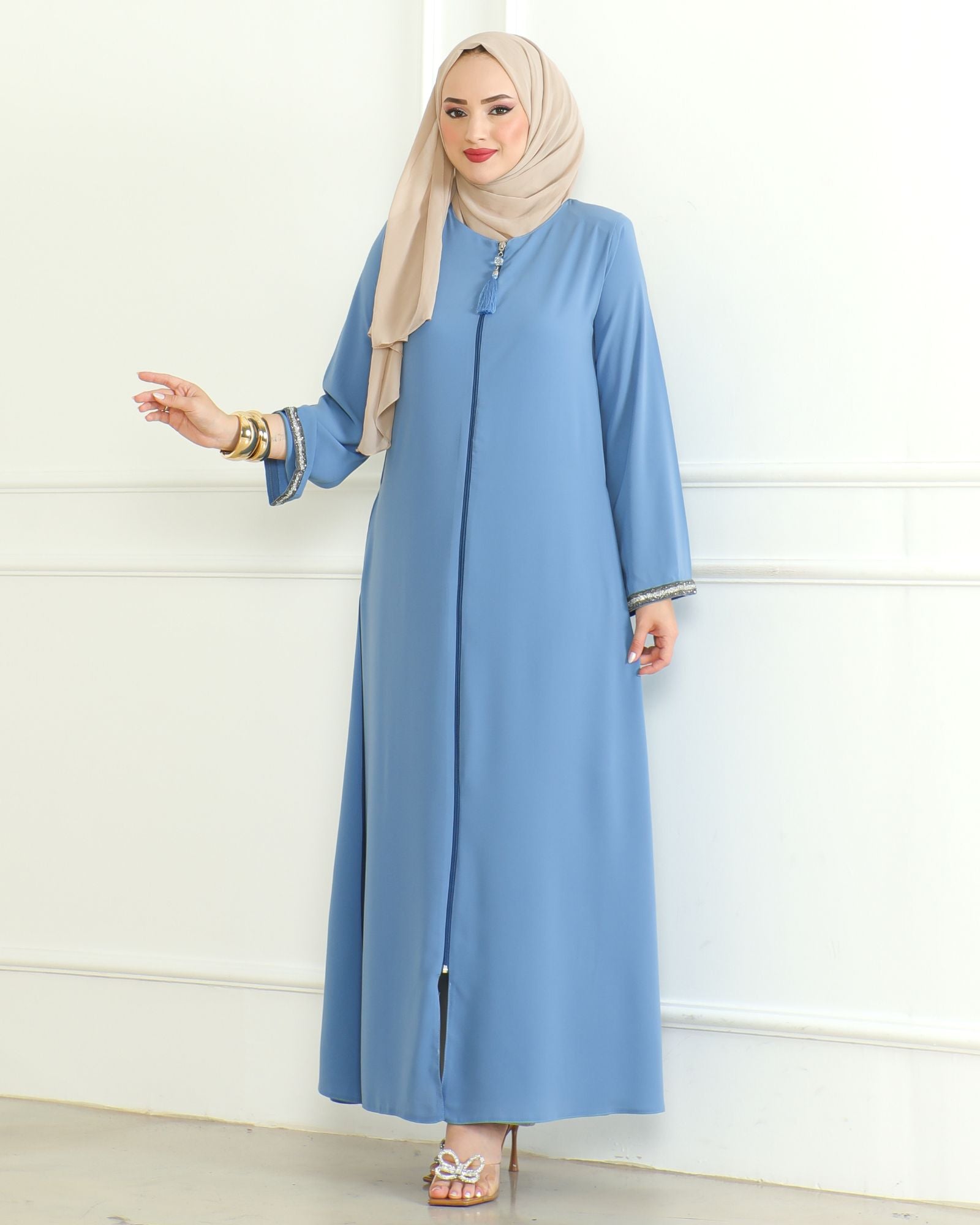 Blue Stone-Trimmed Sleeve Abaya with Front Zipper & Tassel – Turkish Abaya