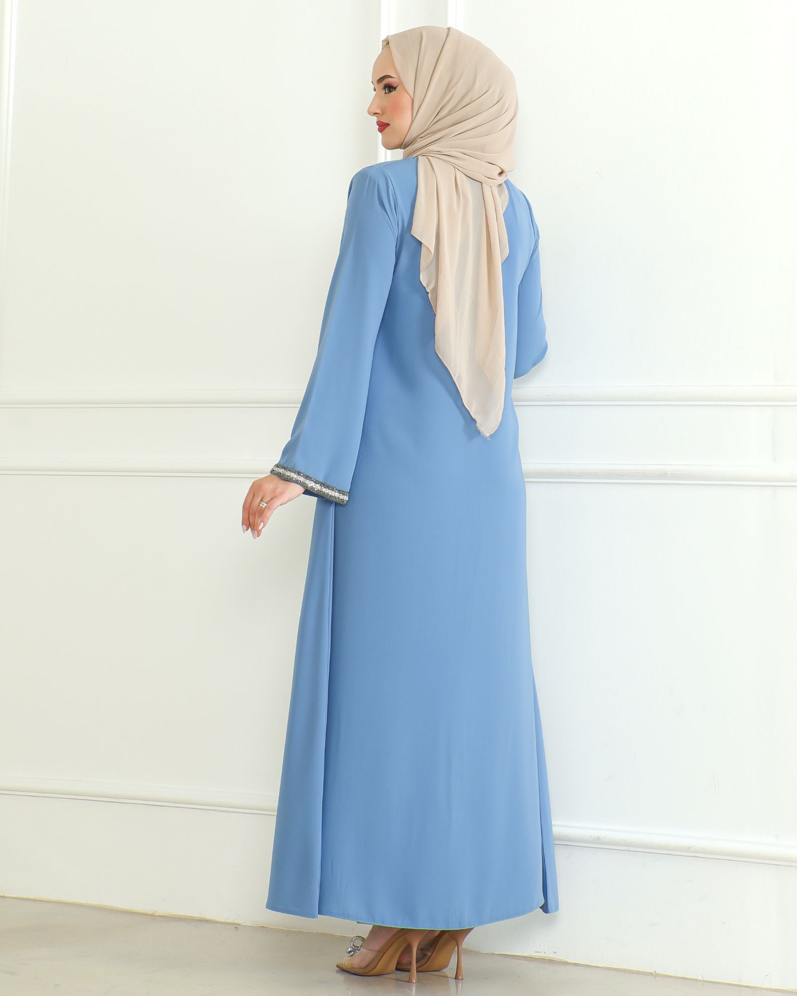 Blue Stone-Trimmed Sleeve Abaya with Front Zipper & Tassel – Turkish Abaya