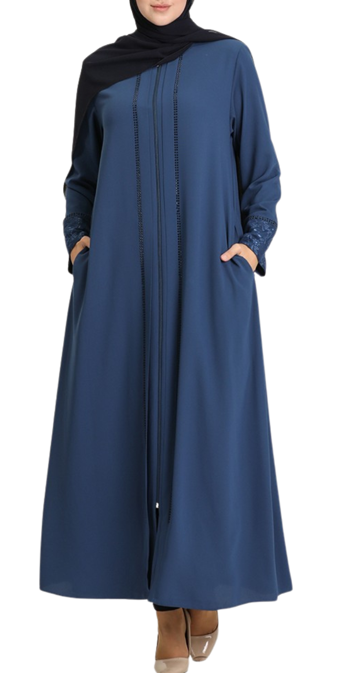 Blue Lace Cuff & Stone-Trim Zip Abaya – Turkish Modest Abaya