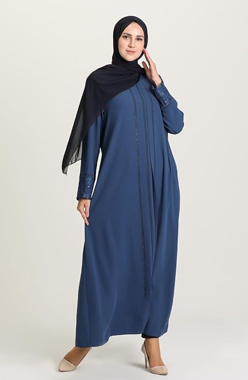Blue Lace Cuff & Stone-Trim Zip Abaya – Turkish Modest Abaya