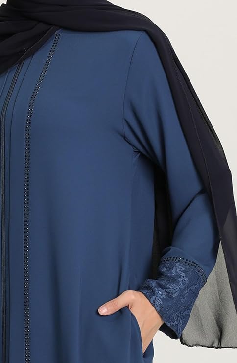 Blue Lace Cuff & Stone-Trim Zip Abaya – Turkish Modest Abaya