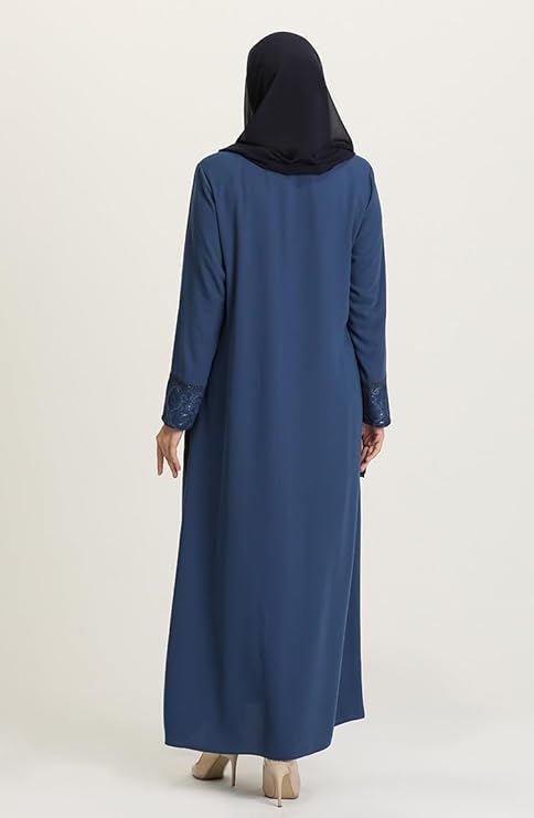 Blue Lace Cuff & Stone-Trim Zip Abaya – Turkish Modest Abaya