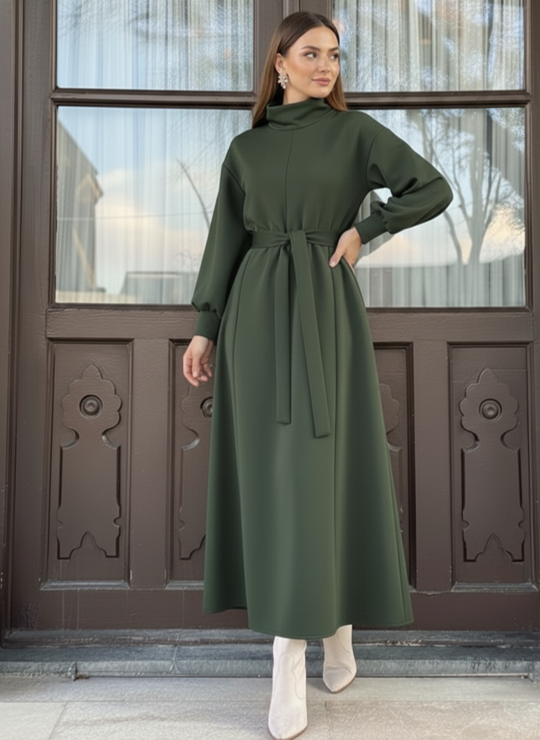 Women’s Belted High-Neck Long Winter Dress