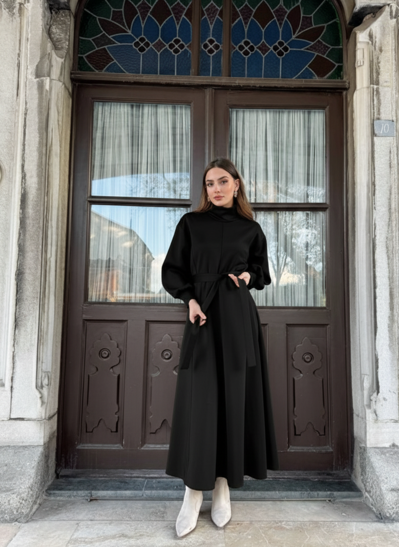 Women’s Belted High-Neck Long Winter Dress