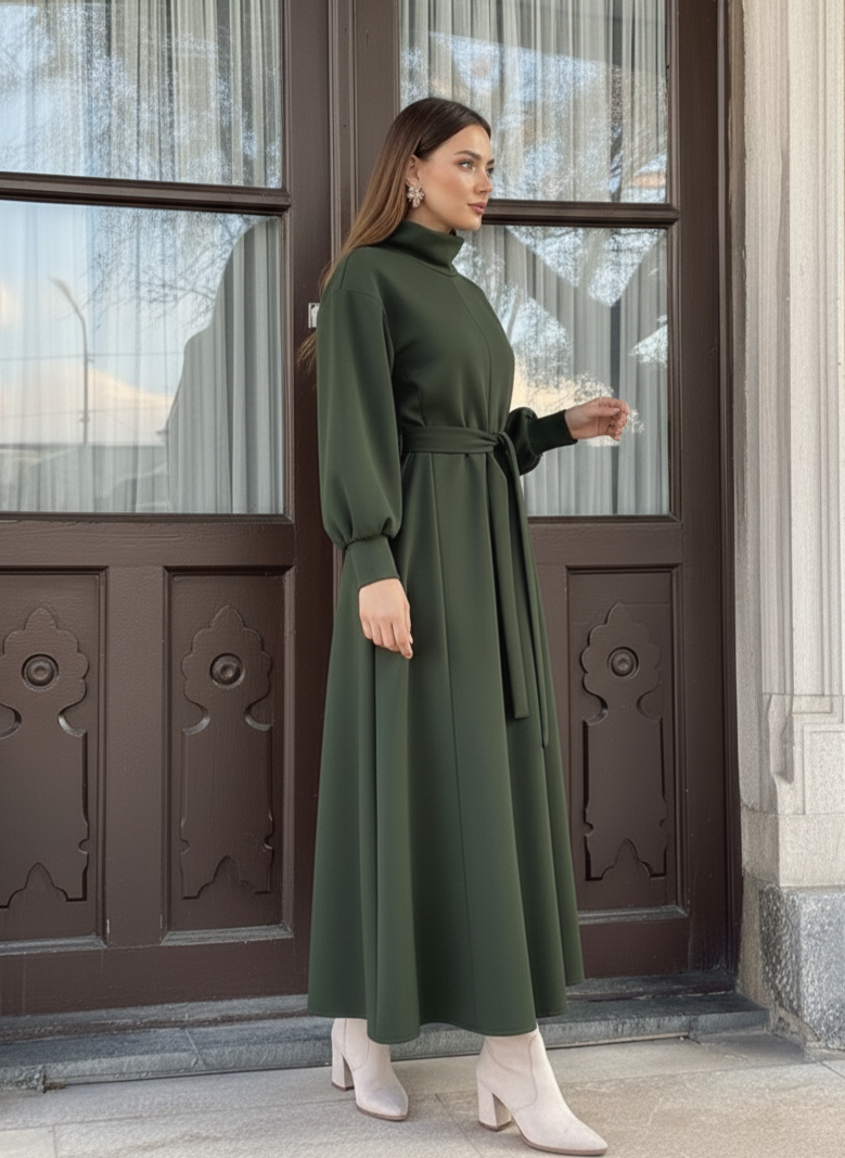 Women’s Belted High-Neck Long Winter Dress