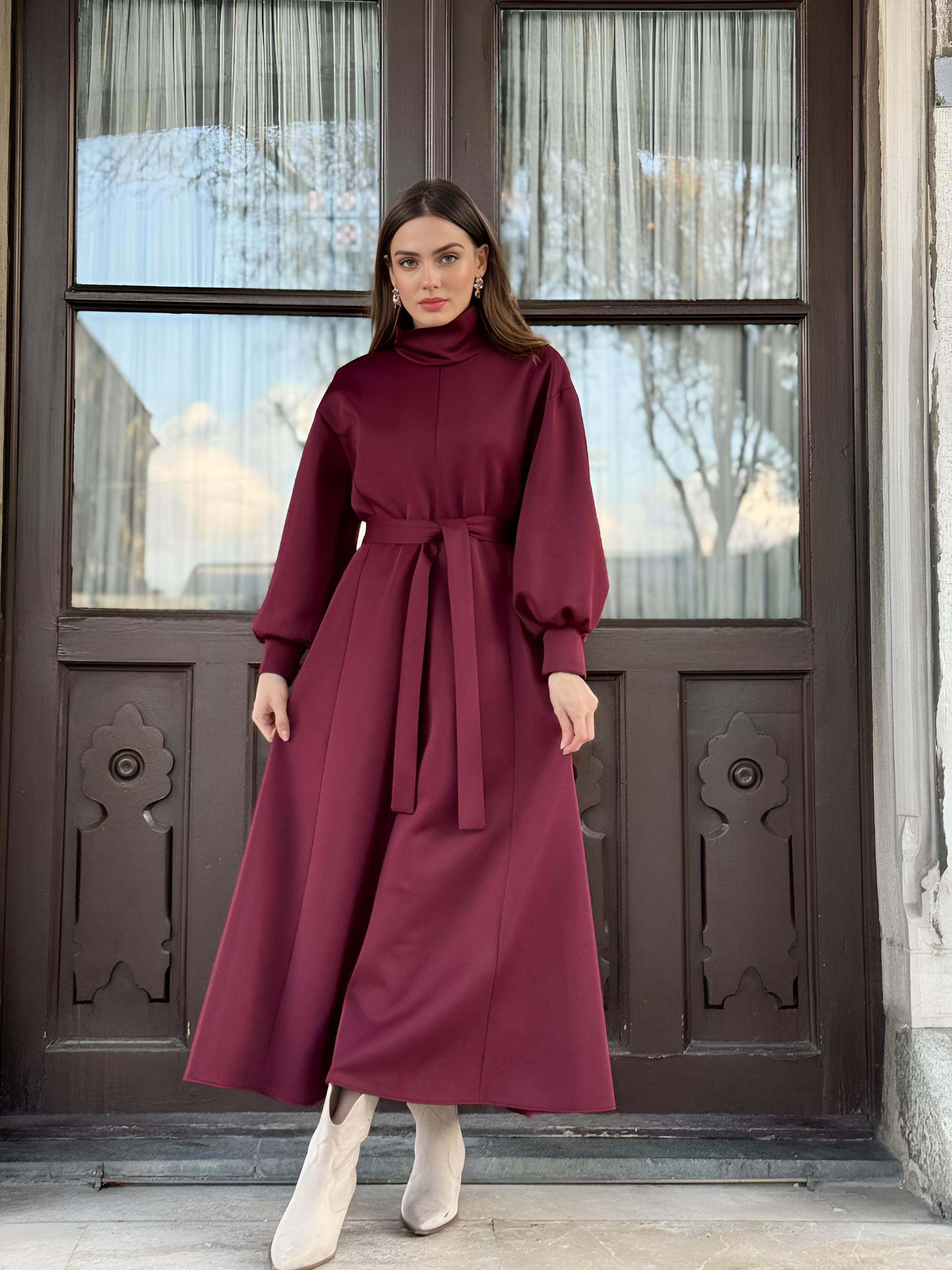 Red turtleneck belted modest maxi dress with bishop sleeves – Istanbul Styles