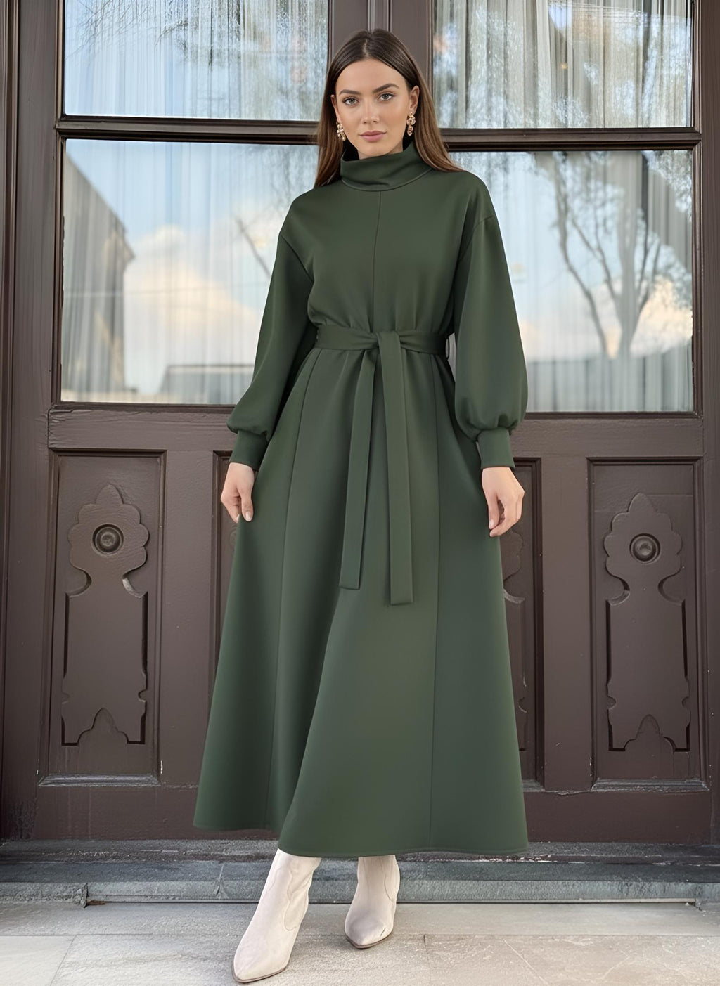 Green turtleneck belted modest maxi dress with bishop sleeves – Istanbul Styles