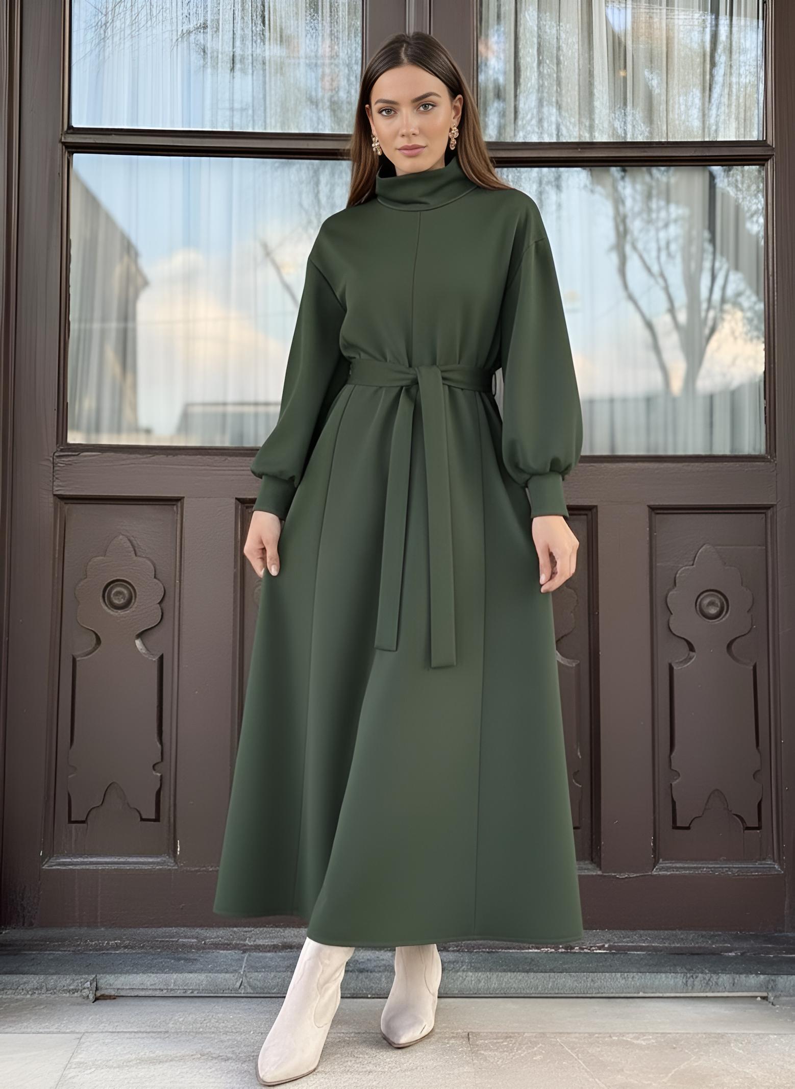 Green turtleneck belted modest maxi dress with bishop sleeves – Istanbul Styles
