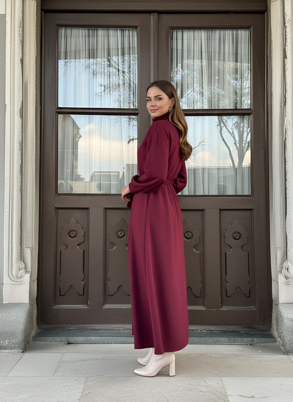 Full-length red modest dress with flowing A-line skirt in thick scuba fabric