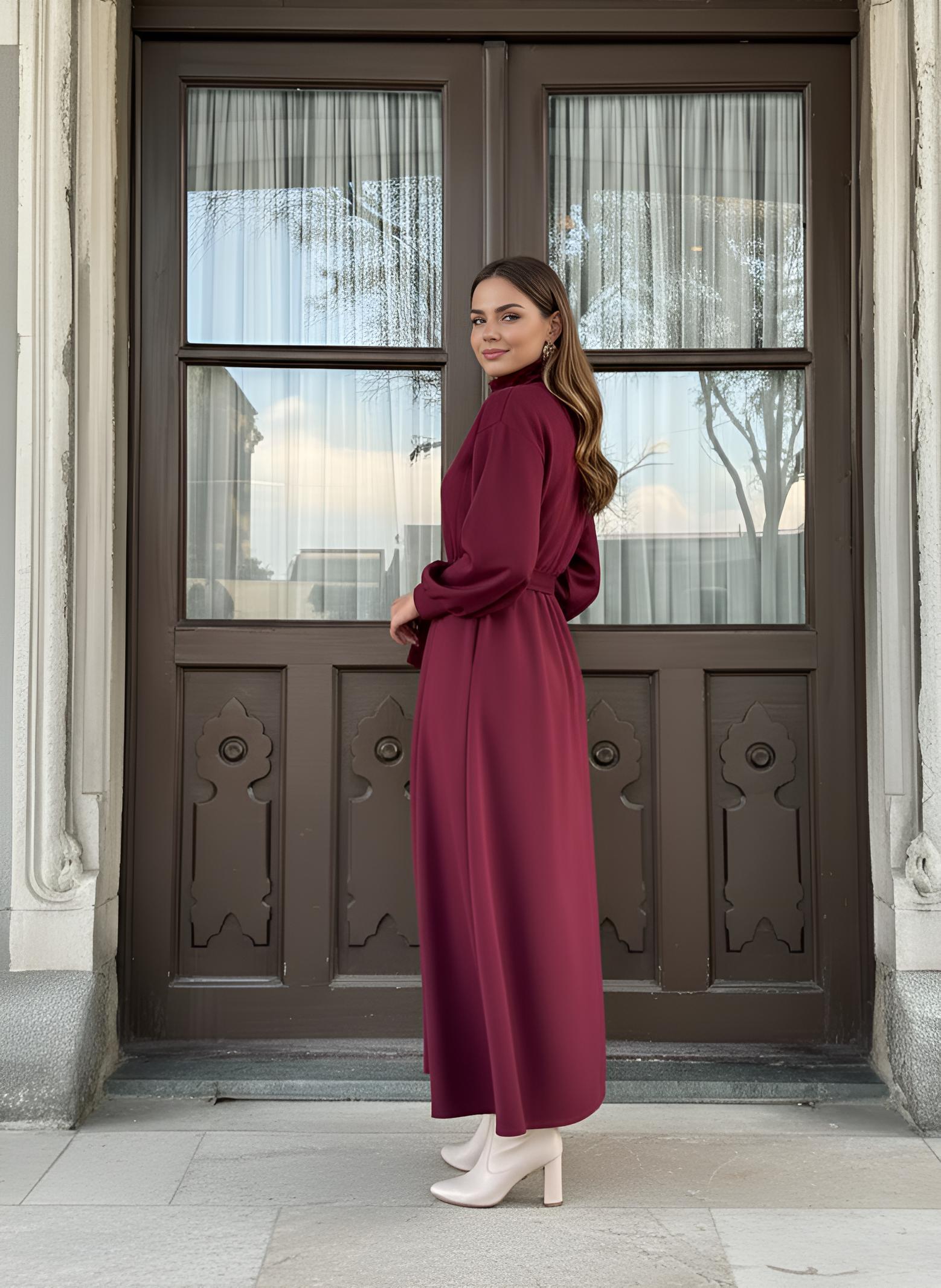 Full-length red modest dress with flowing A-line skirt in thick scuba fabric