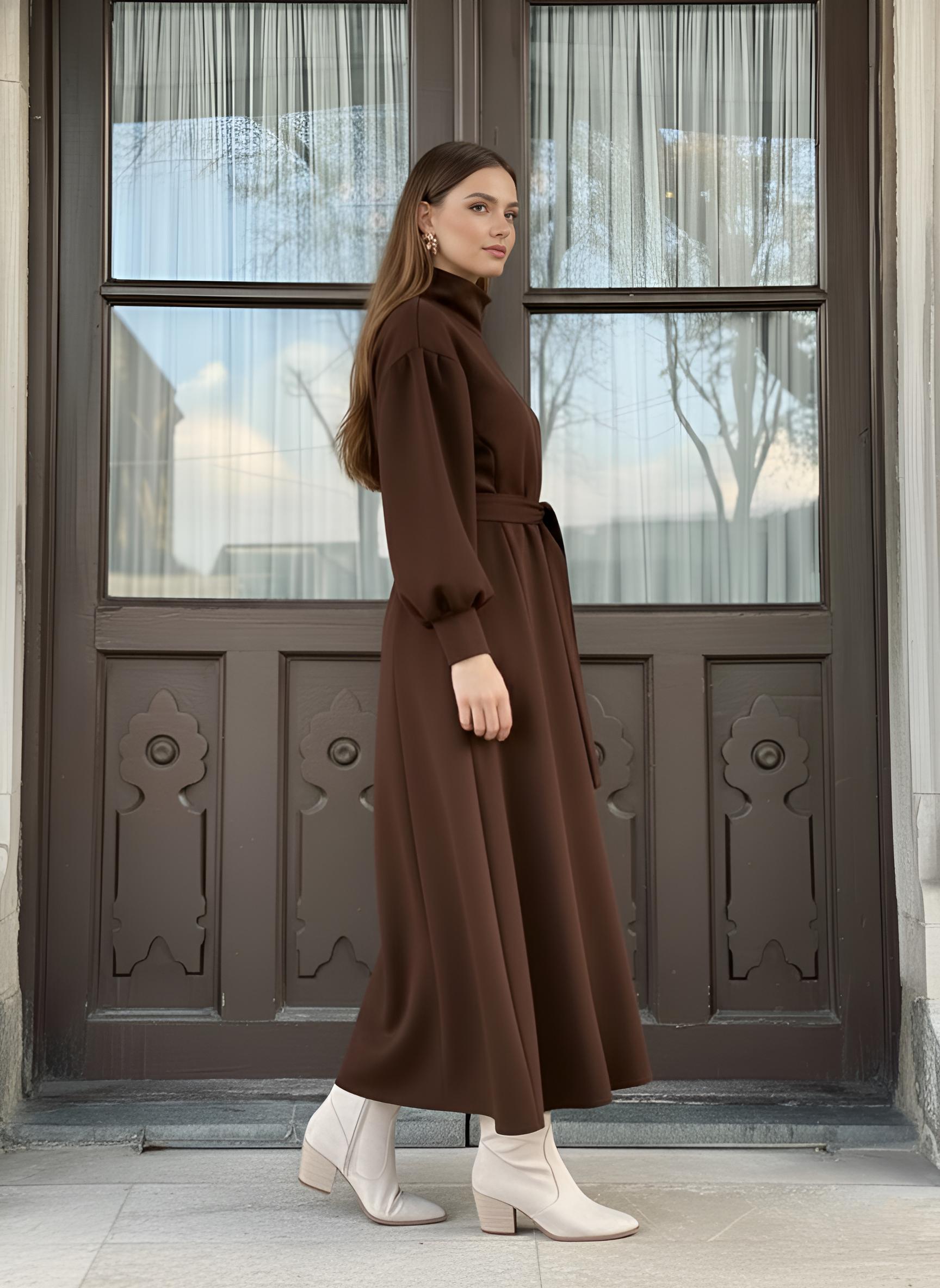 Full-length brown modest dress with flowing A-line skirt in thick scuba fabric