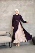 Purple two-tone asymmetrical belted maxi dress with pearl buckle, front view – Istanbul Styles