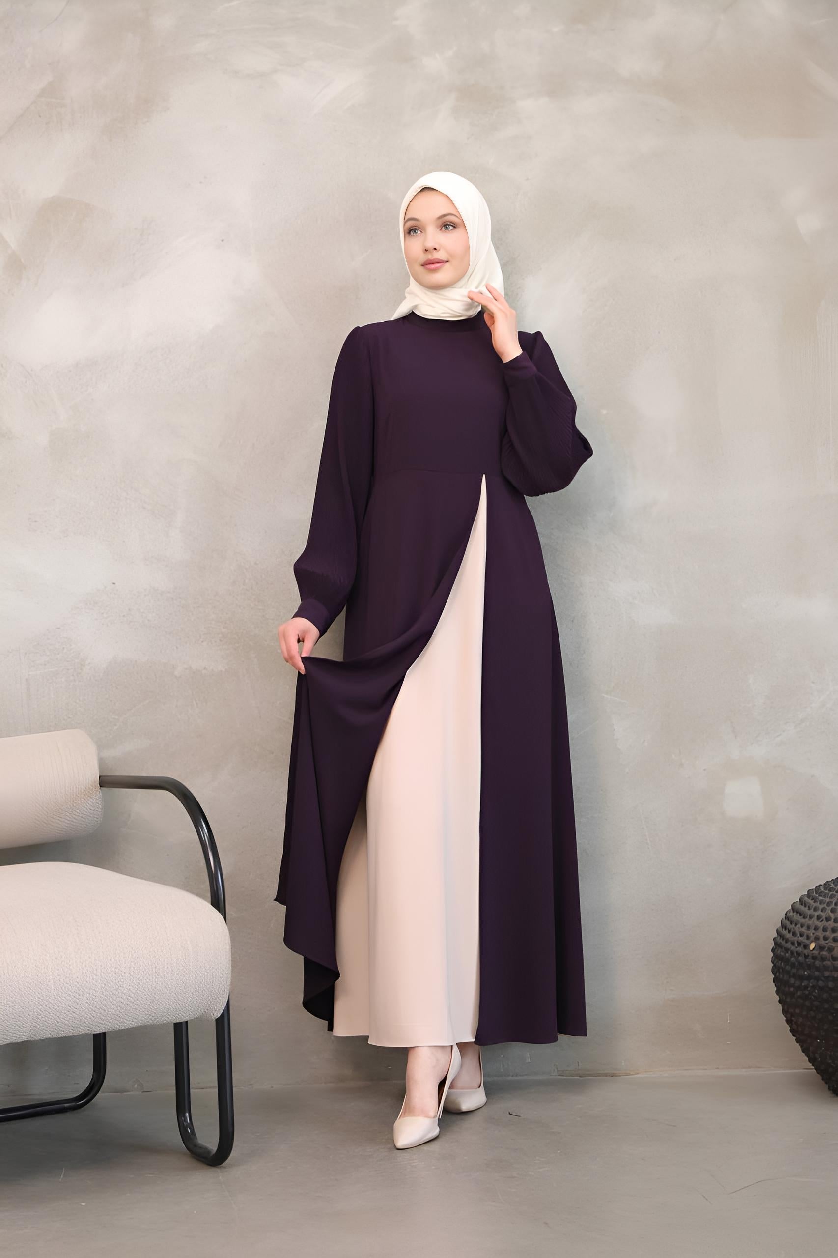 Side view of purple asymmetrical maxi dress showing open-front overlay drape