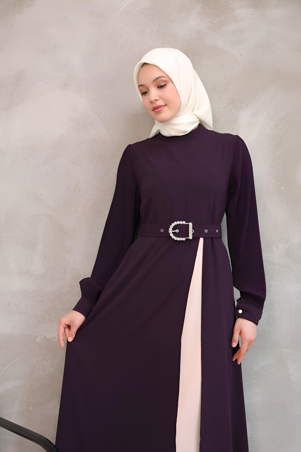 Full-length purple asymmetrical maxi dress with mock neck and contrast inner skirt