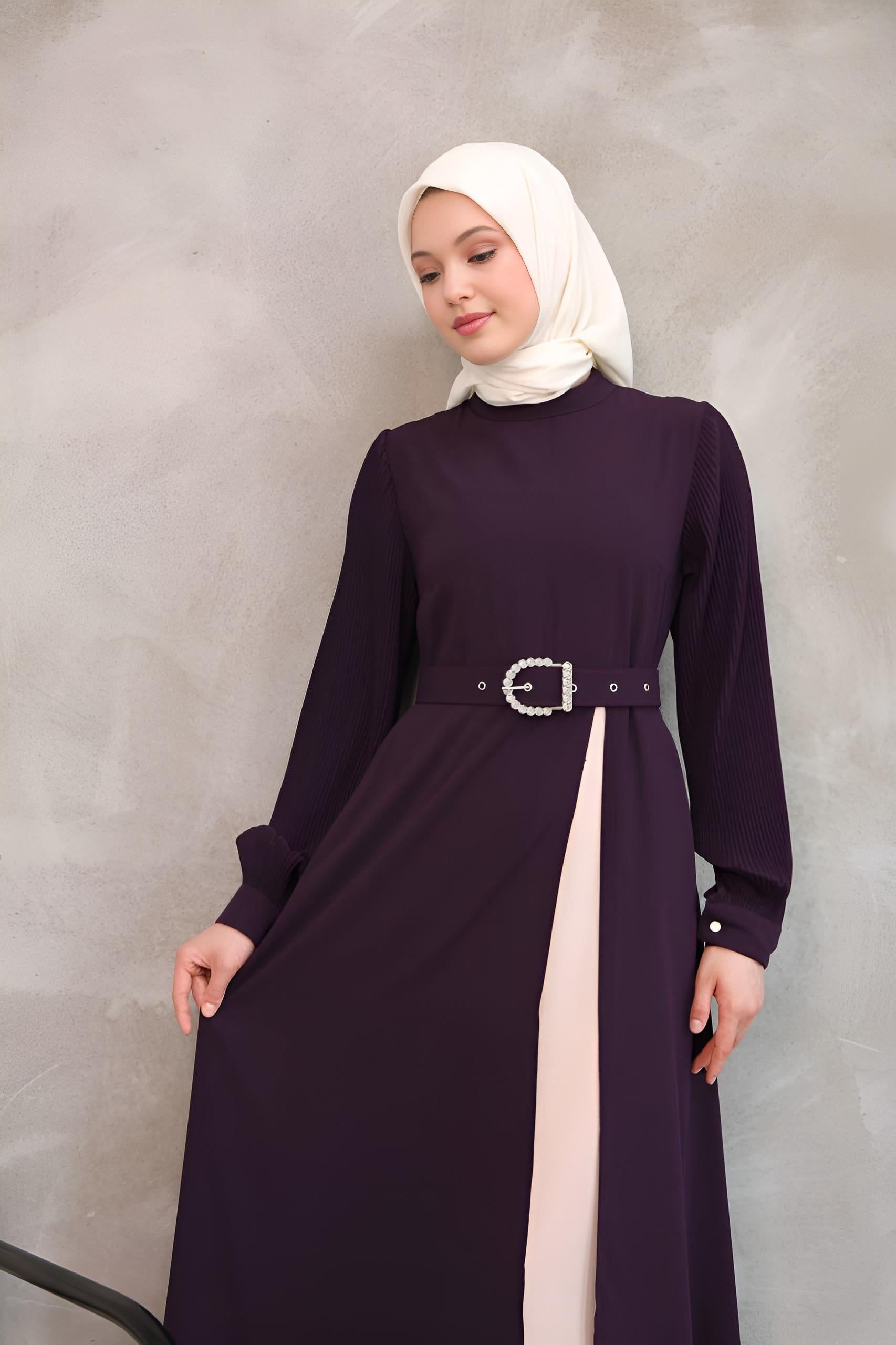 Full-length purple asymmetrical maxi dress with mock neck and contrast inner skirt