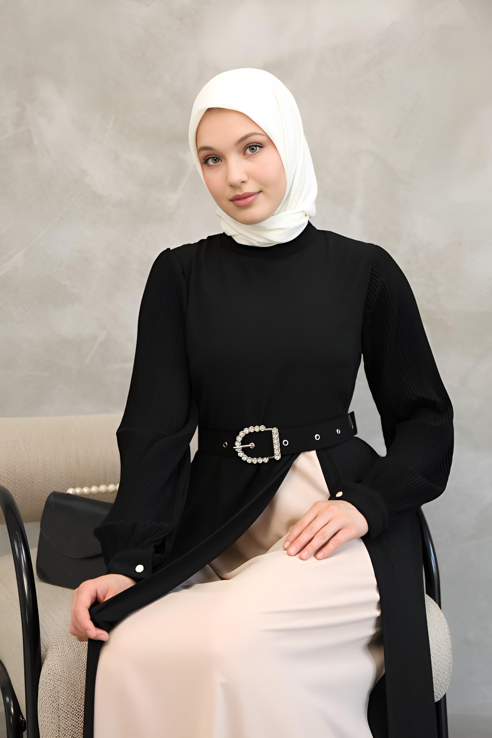 Two-Tone Asymmetrical Belted Modest Maxi Dress