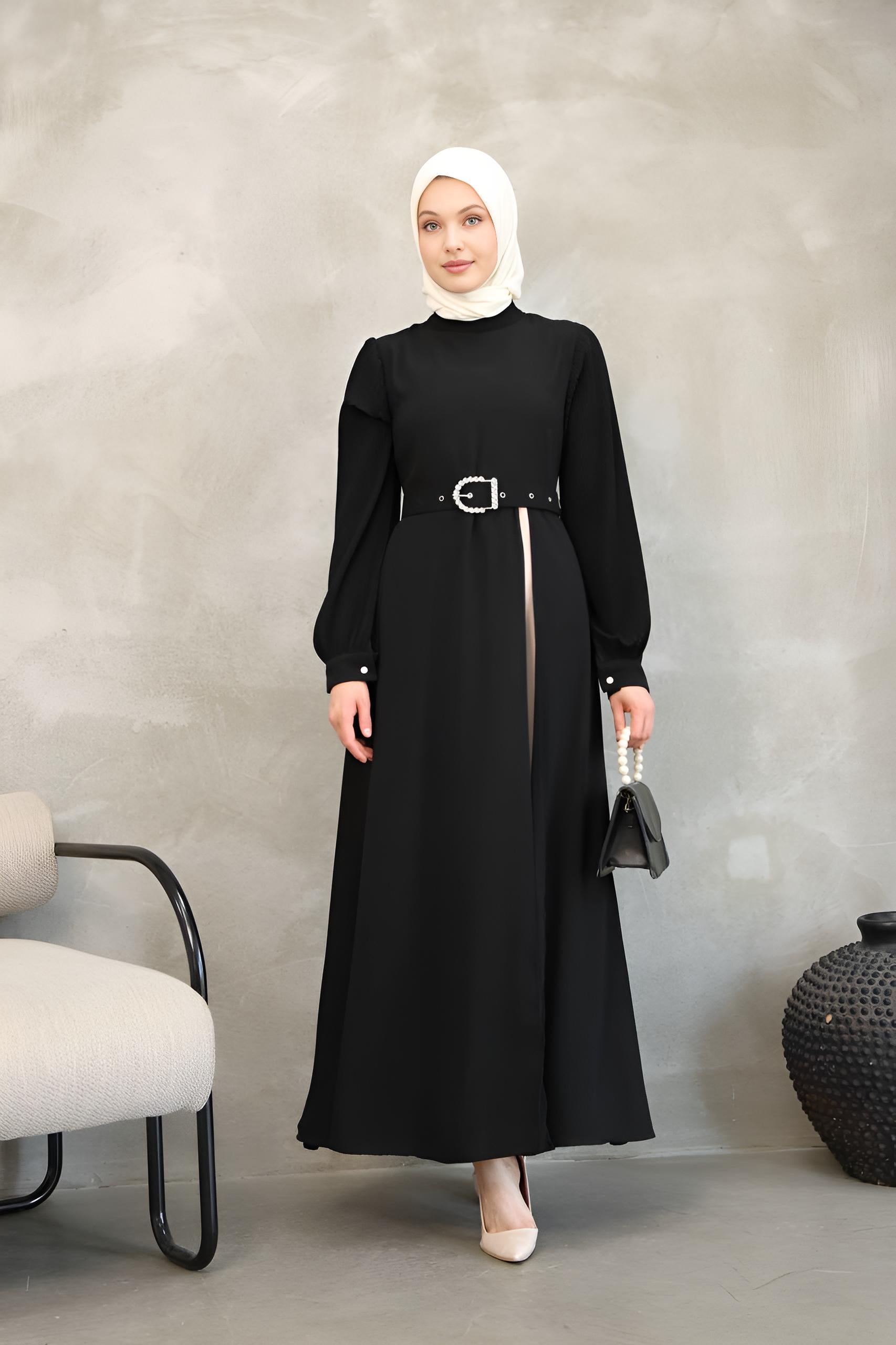 Two-Tone Asymmetrical Belted Modest Maxi Dress