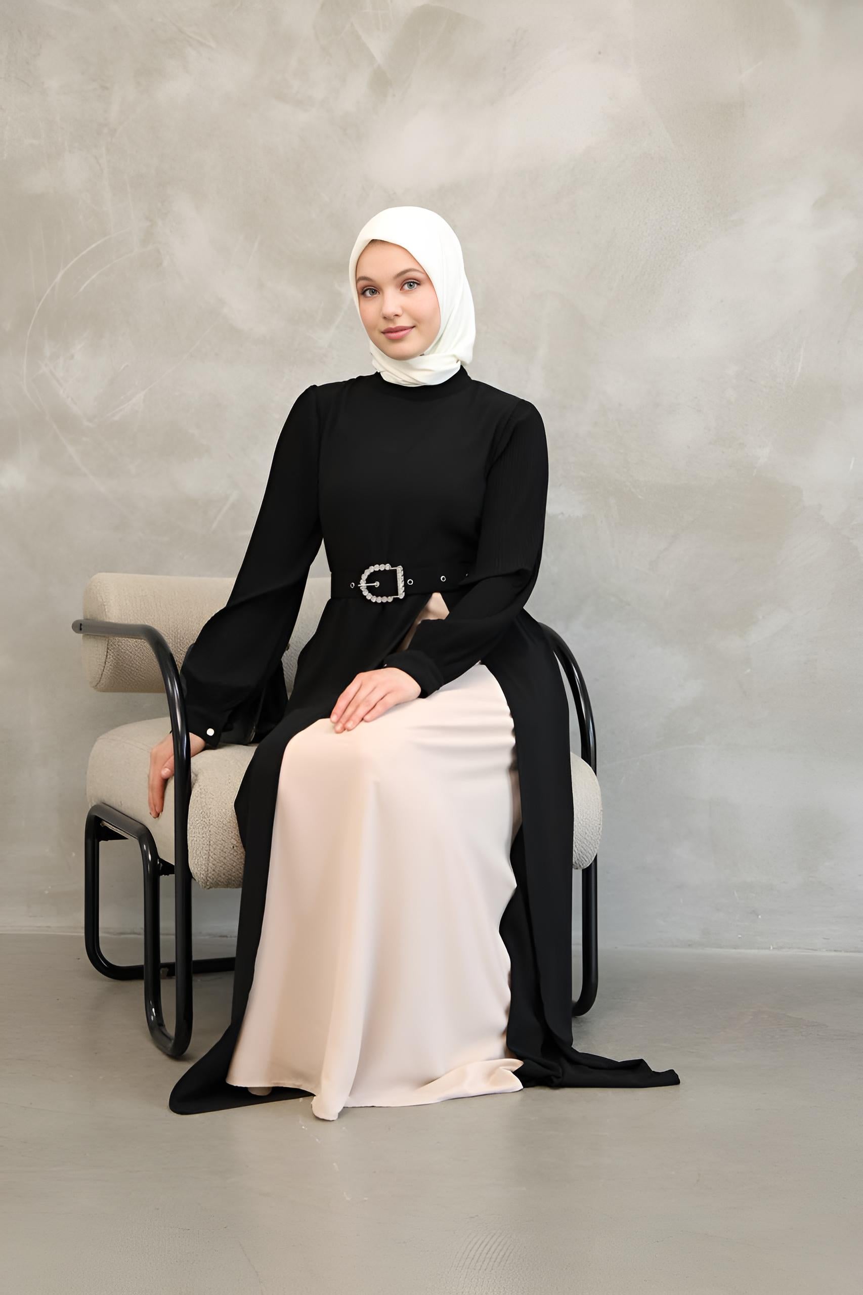 Two-Tone Asymmetrical Belted Modest Maxi Dress – ISTANBUL STYLES
