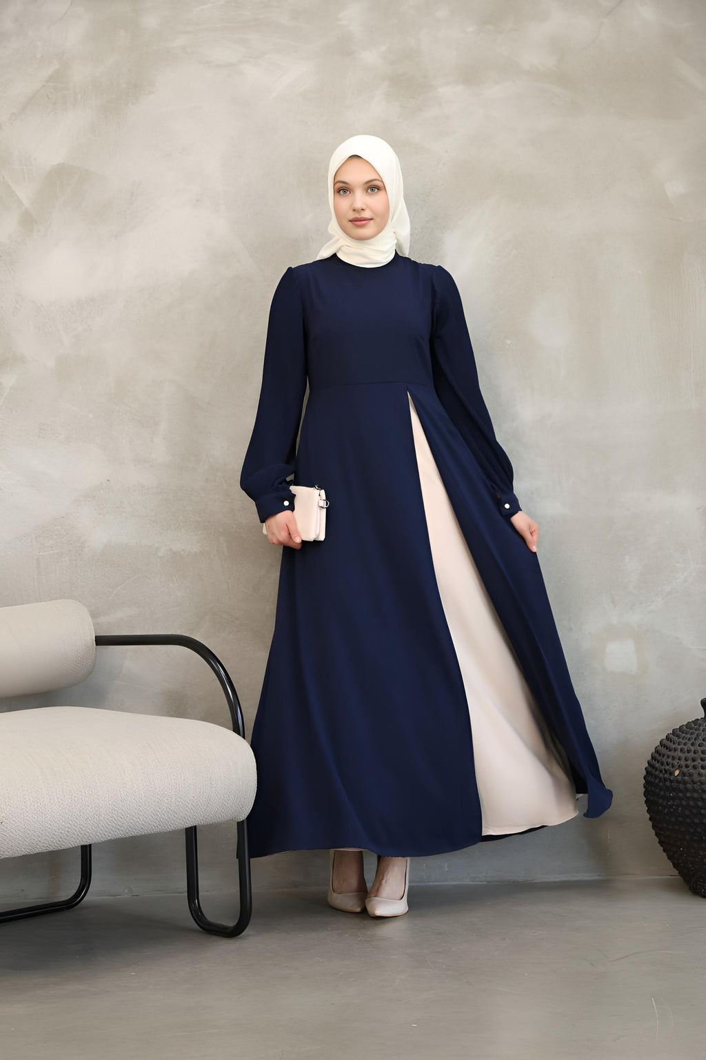 Navy two-tone asymmetrical belted maxi dress with pearl buckle, front view – Istanbul Styles