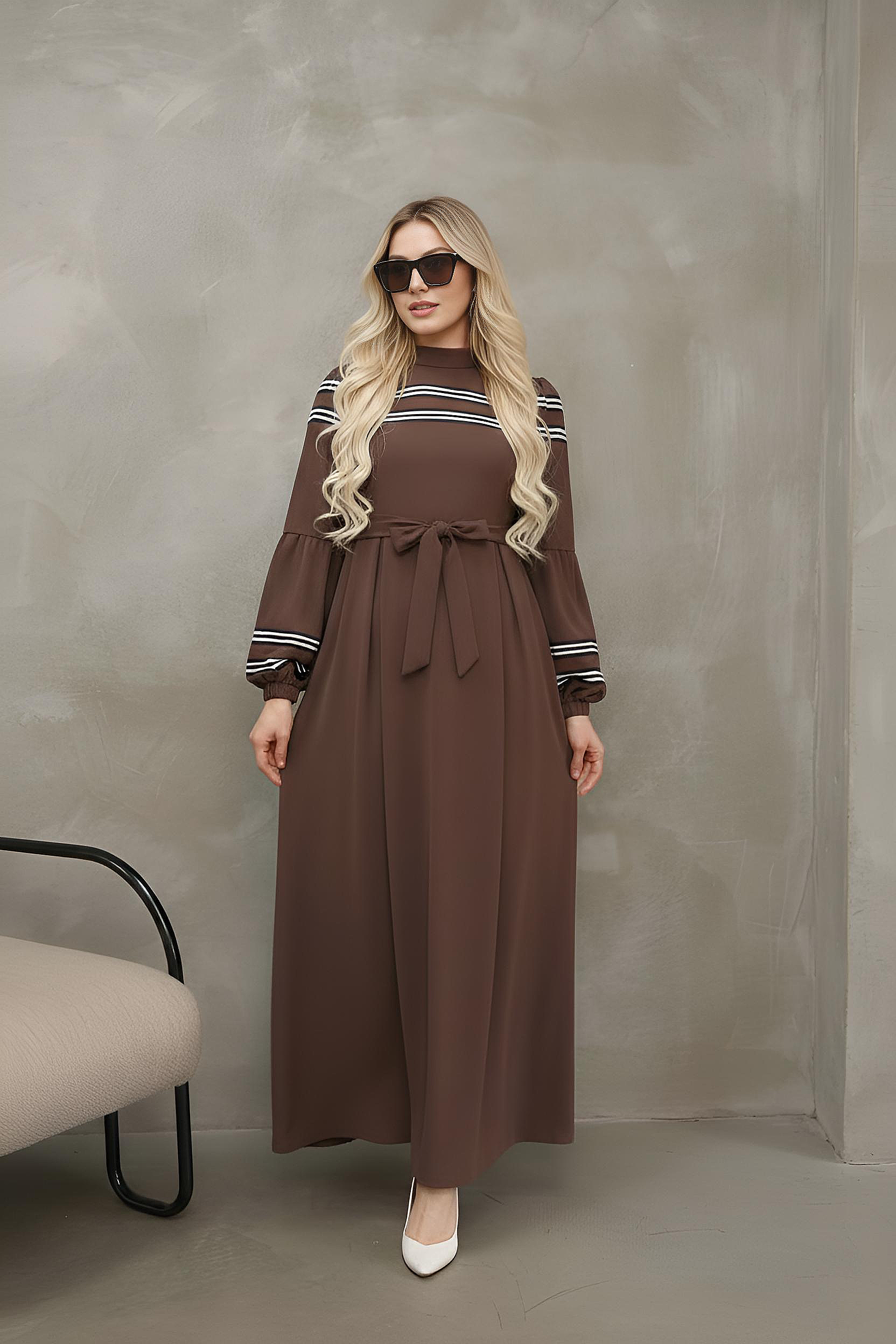 Brown modest maxi dress with mock neck, contrast stripe trim and balloon sleeves, front view – Istanbul Styles