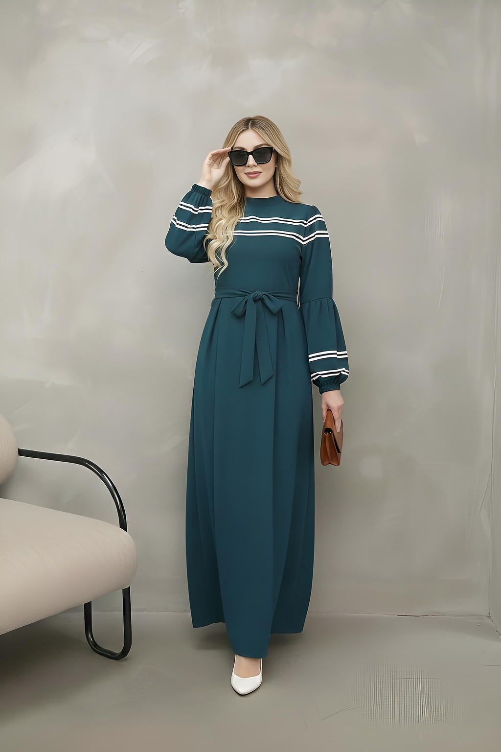 Navy modest maxi dress with mock neck, contrast stripe trim and balloon sleeves, front view – Istanbul Styles