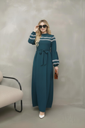 Navy modest maxi dress with mock neck, contrast stripe trim and balloon sleeves, front view – Istanbul Styles