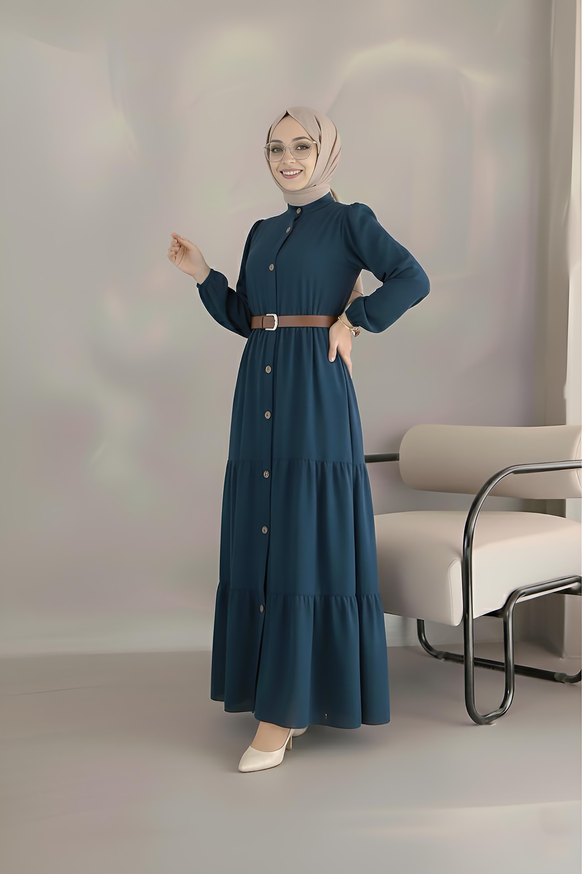 Side view of navy button-down modest maxi dress showing tiered ruffled skirt
