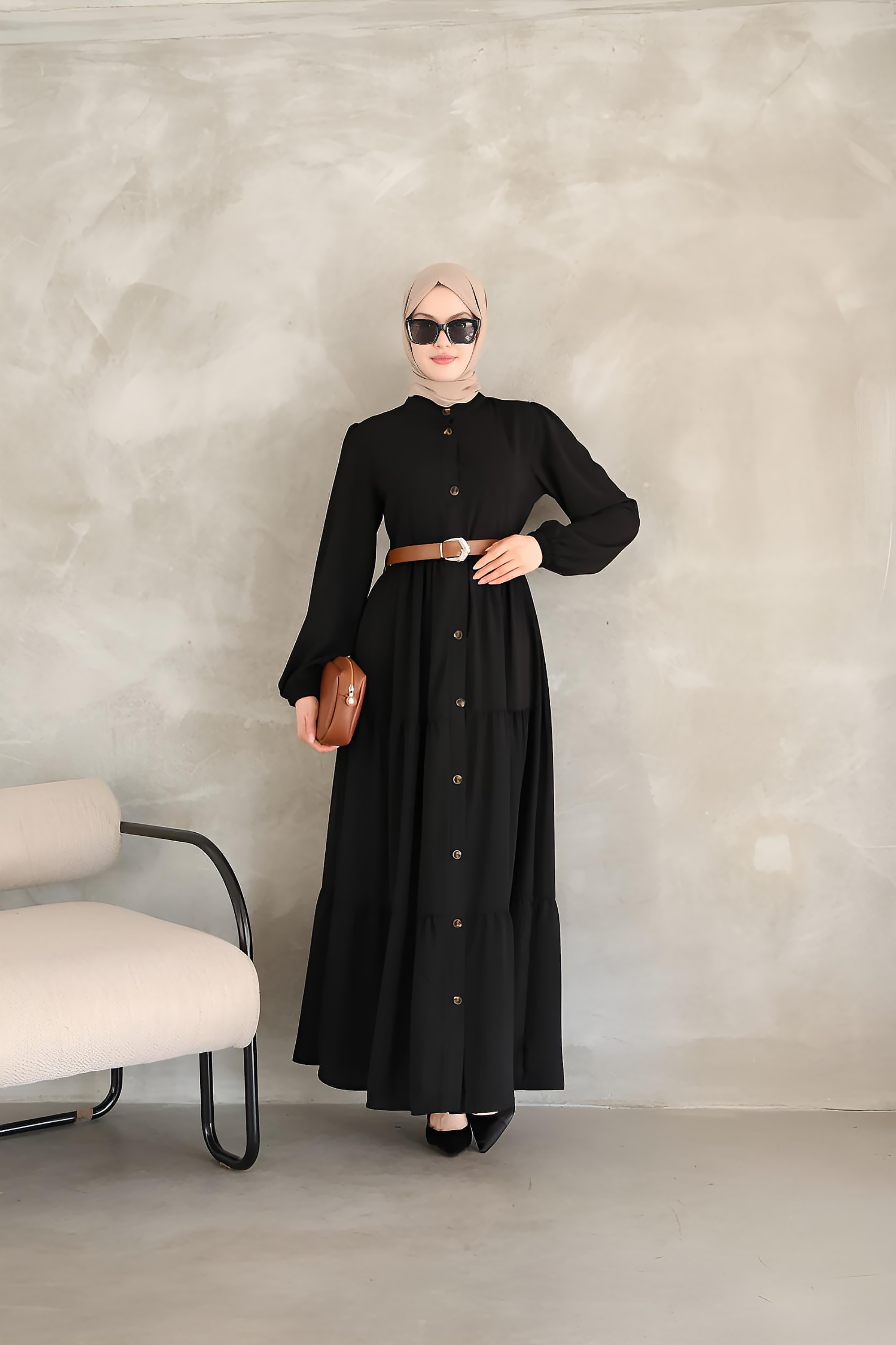 Long Sleeve Button-Down Abaya for Women with Waist Belt