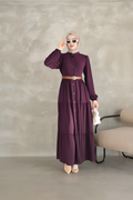 Purple tiered button-down maxi dress with waist belt, front view – Istanbul Styles