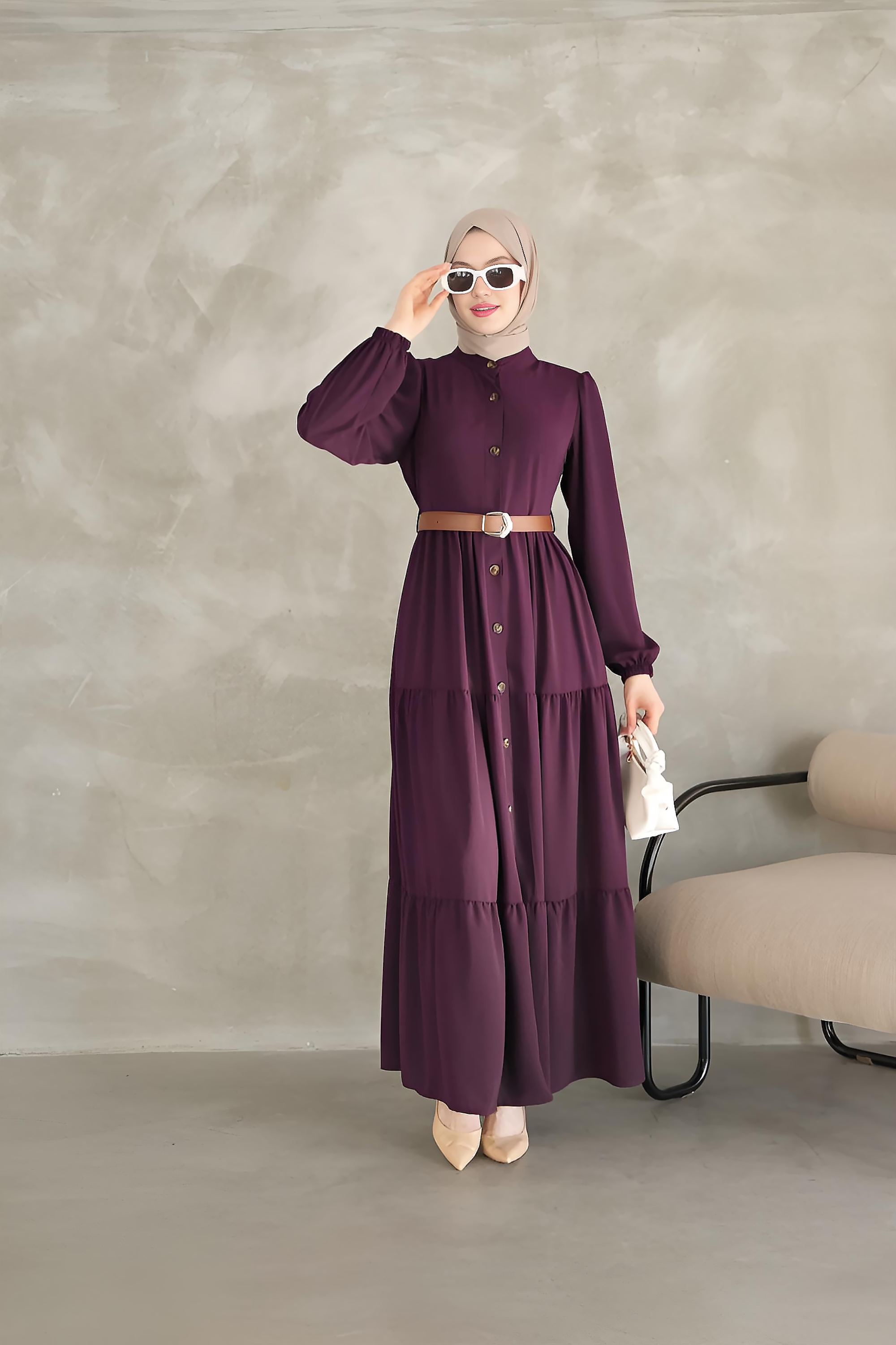 Purple tiered button-down maxi dress with waist belt, front view – Istanbul Styles