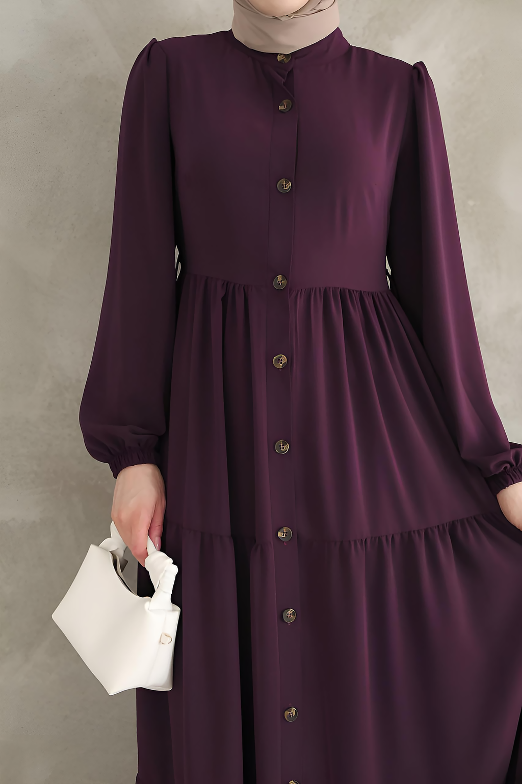 Full-length purple button-down maxi dress with three tiered skirt panels