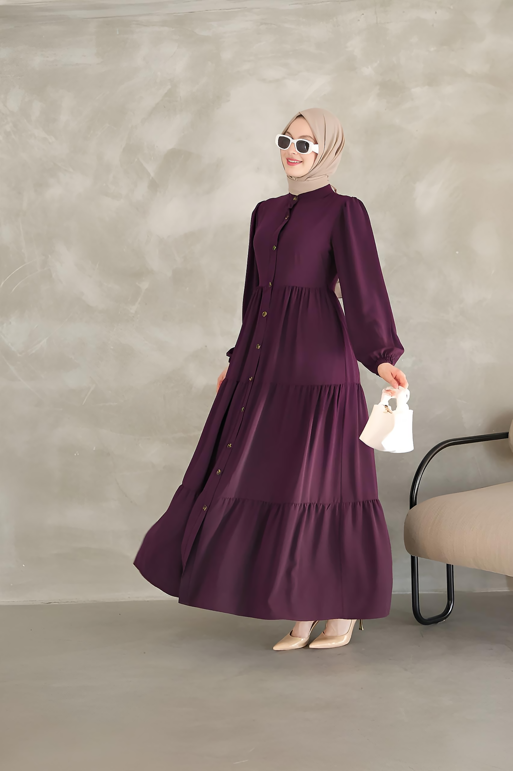Purple tiered button-down modest maxi dress styled for casual and formal wear