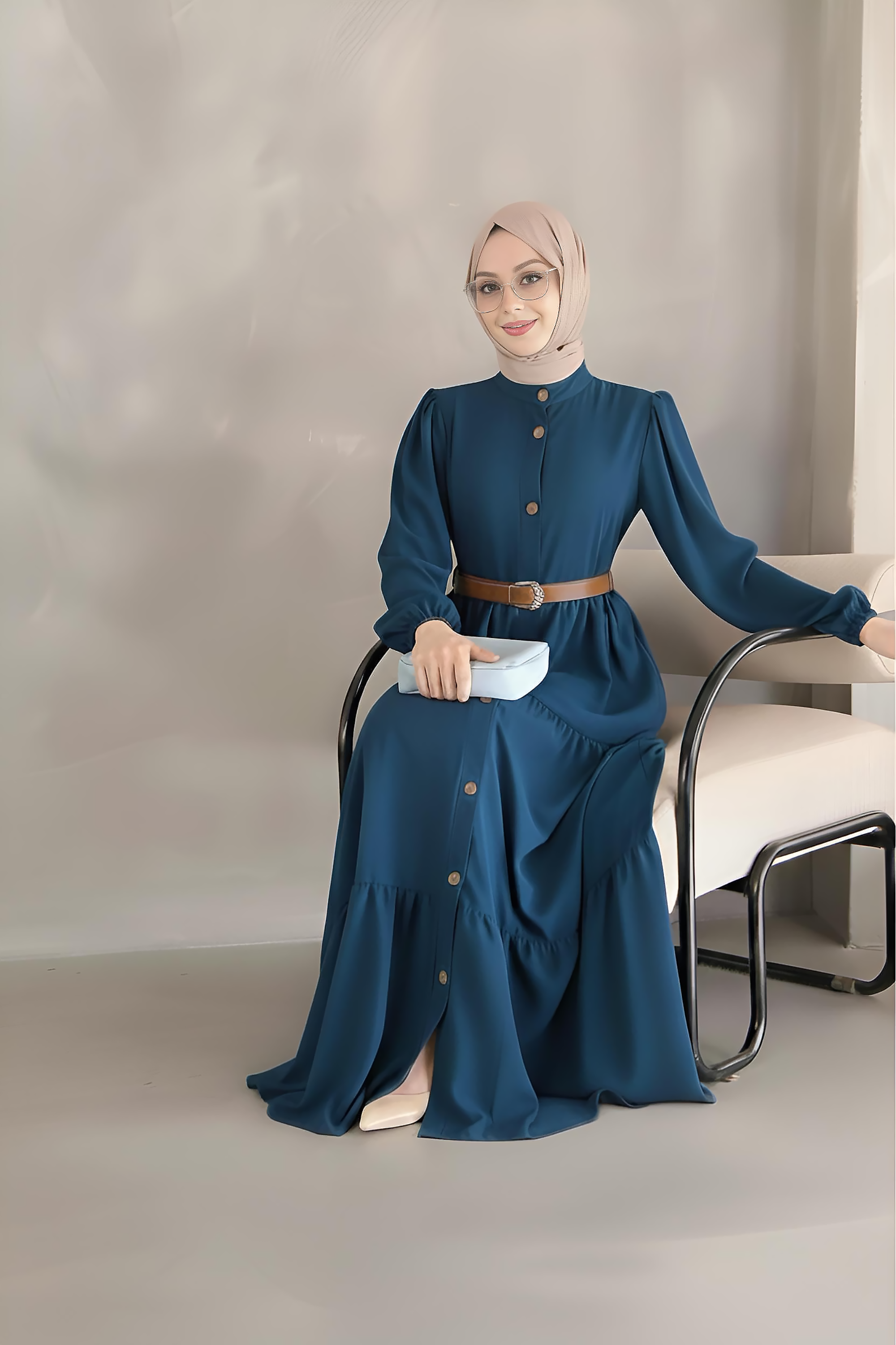 Close-up of navy maxi dress mandarin collar and decorative button placket