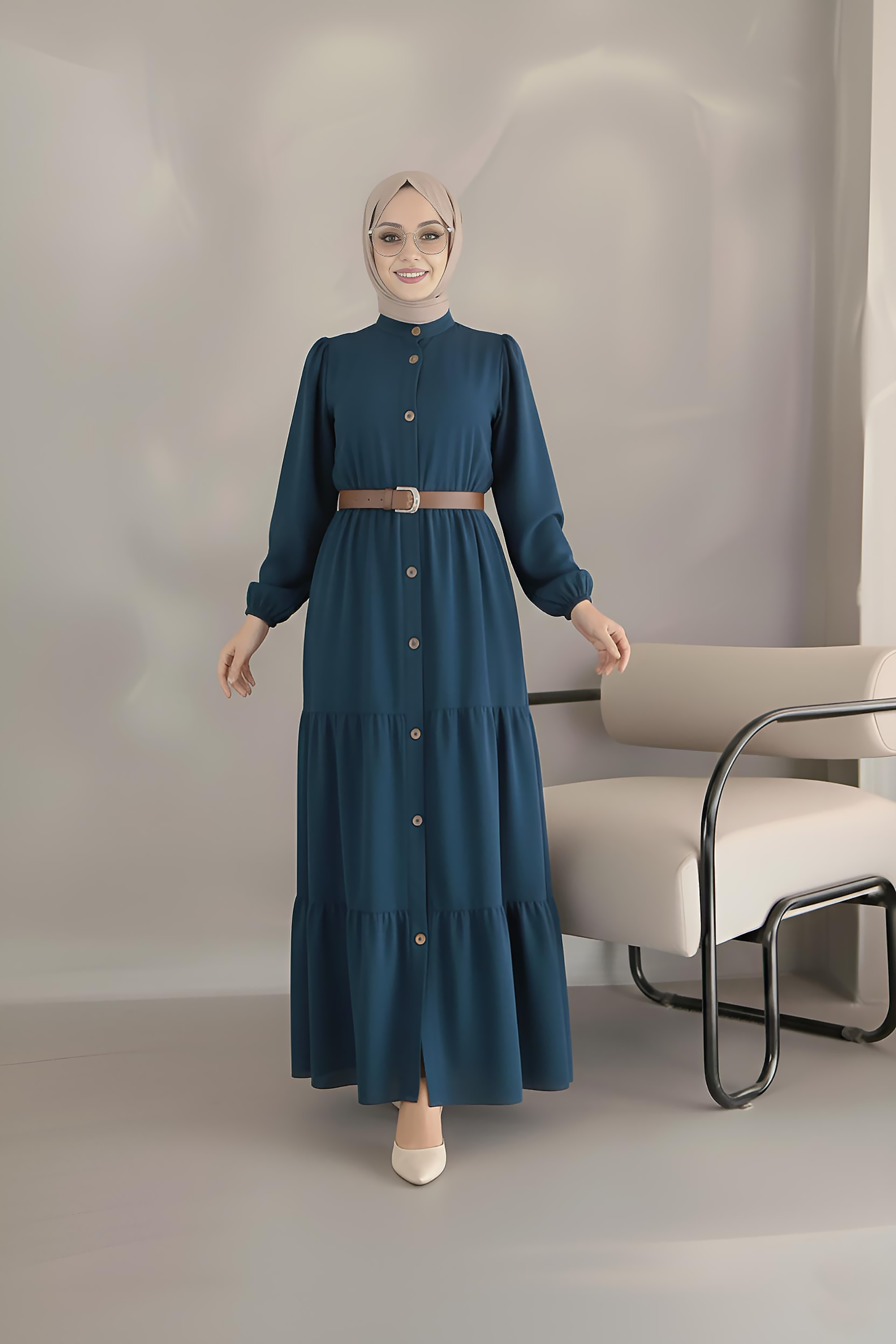 Long Sleeve Button-Down Abaya for Women with Waist Belt
