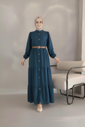 Navy tiered button-down maxi dress with waist belt, front view – Istanbul Styles
