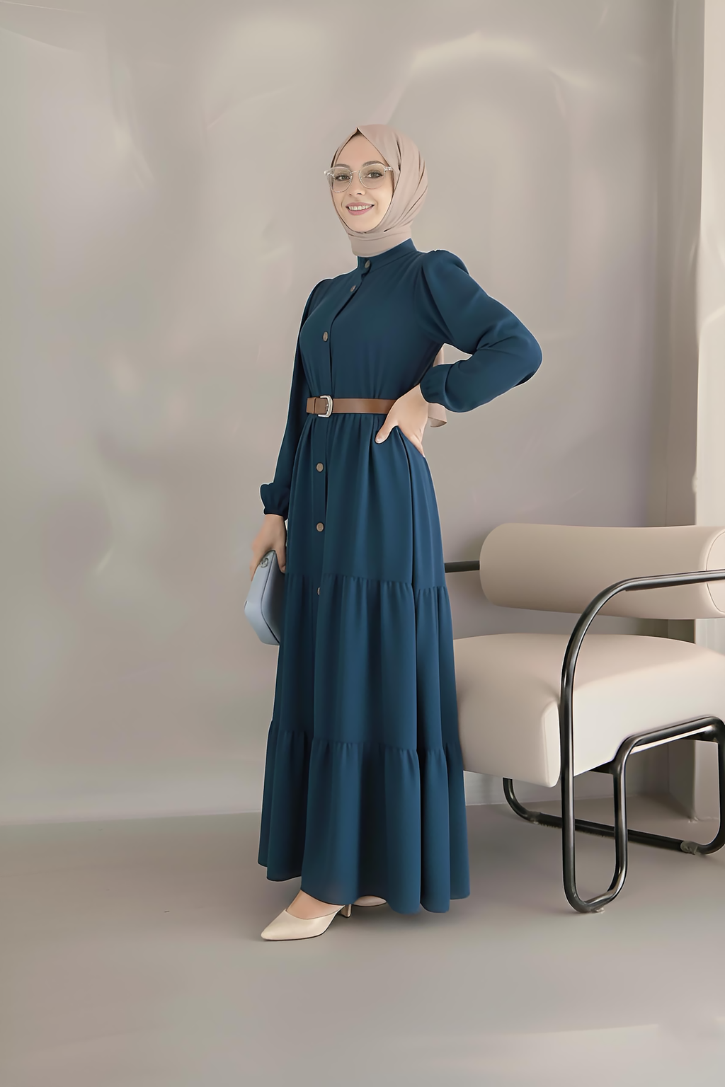 Full-length navy button-down maxi dress with three tiered skirt panels