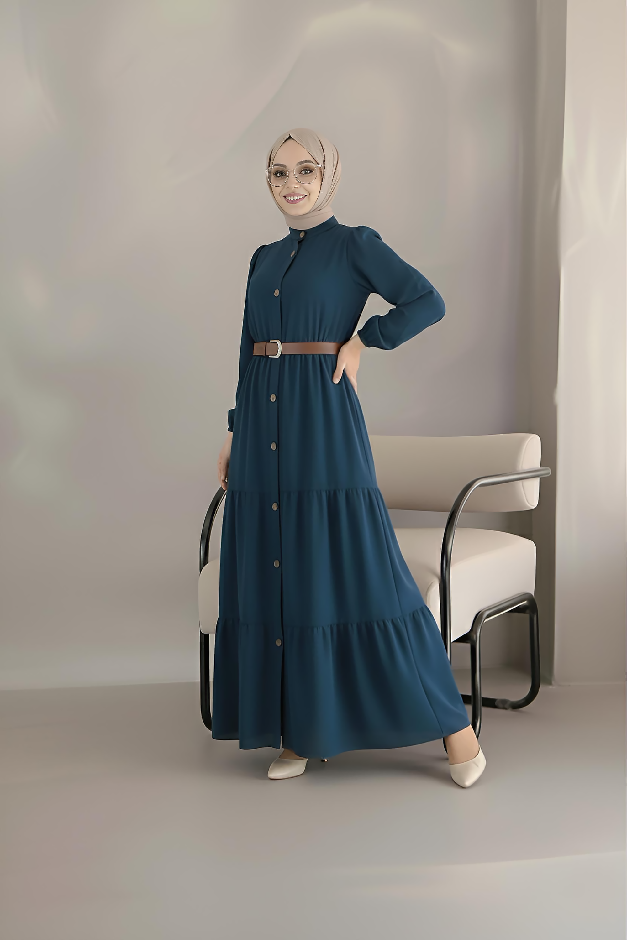 Navy tiered button-down modest maxi dress styled for casual and formal wear