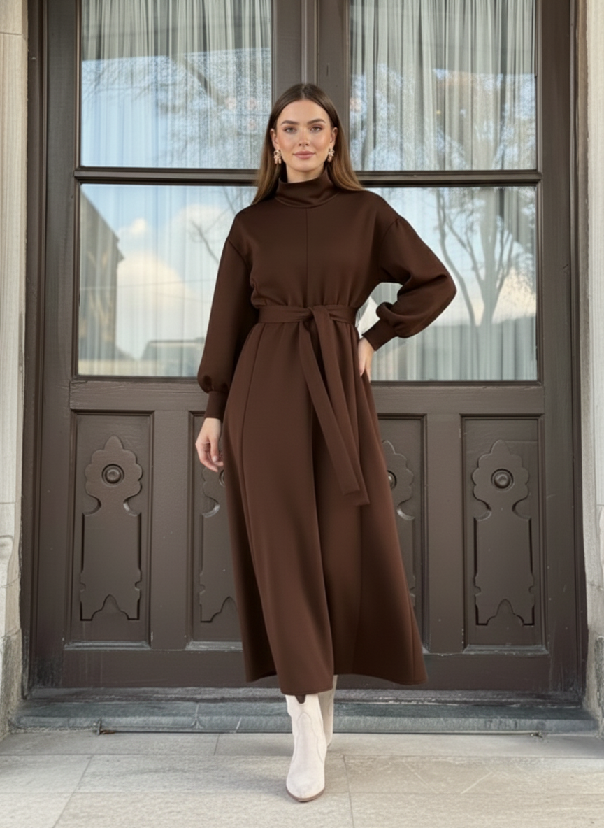 Women’s Belted High-Neck Long Winter Dress
