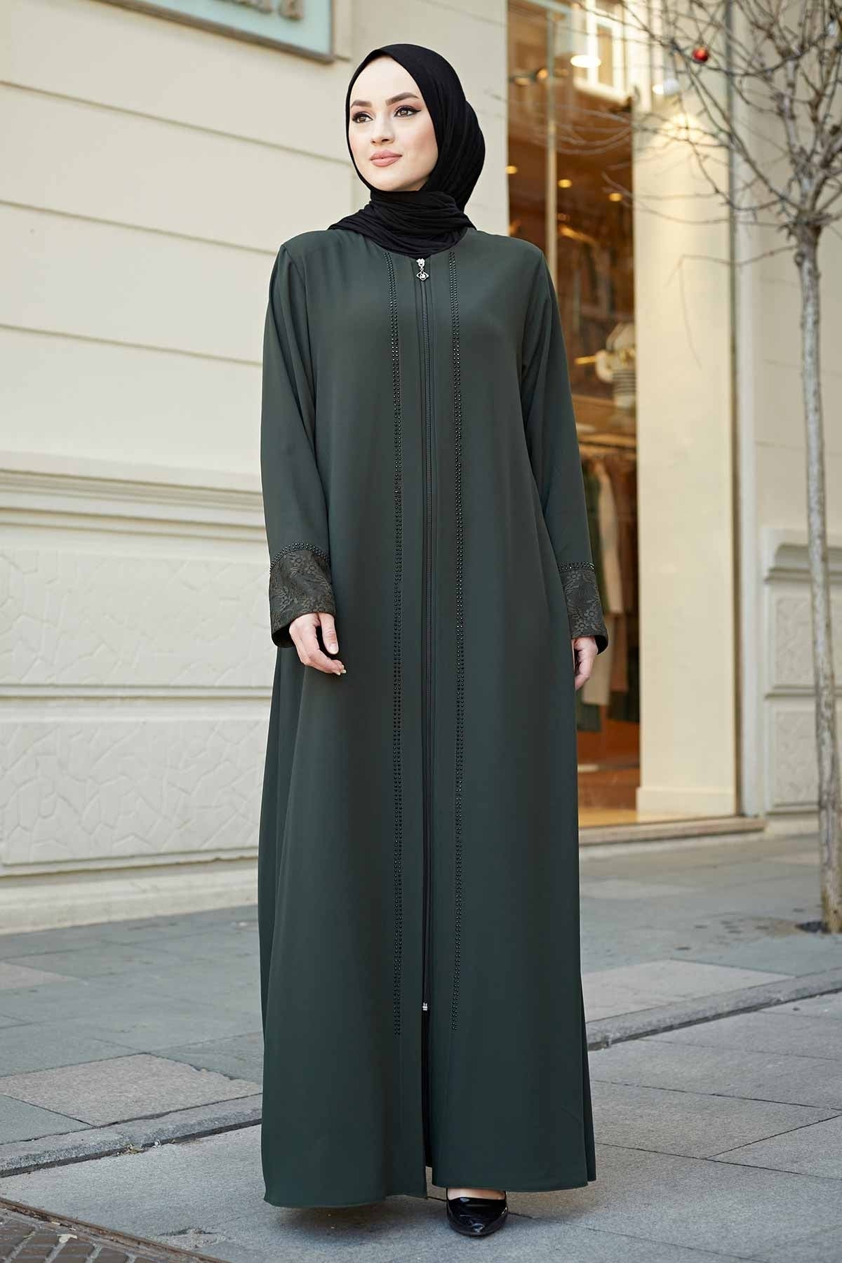 Green Lace Cuff & Stone-Trim Zip Abaya – Turkish Modest Abaya